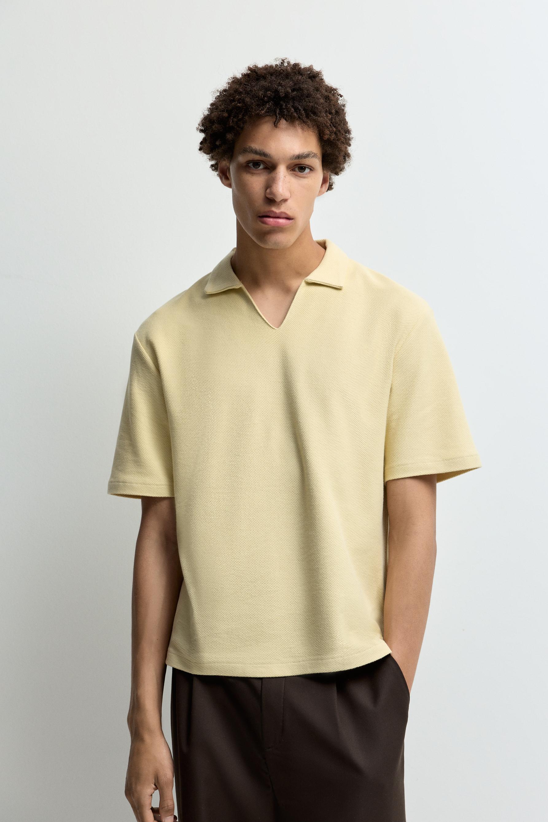 Textured V-neck polo shirt — PALE YELLOW