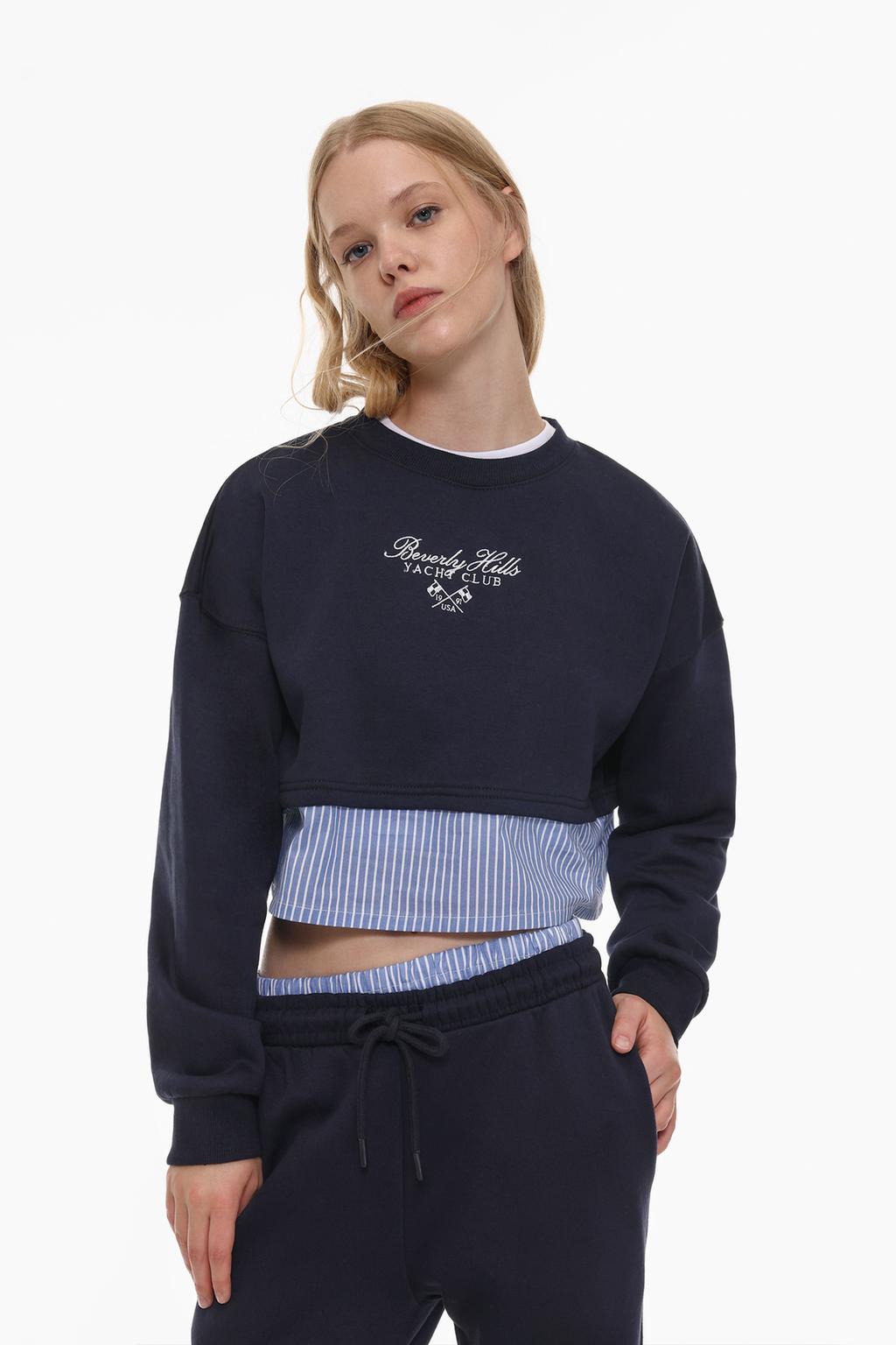 Poplin kenarlı crop sweatshirt