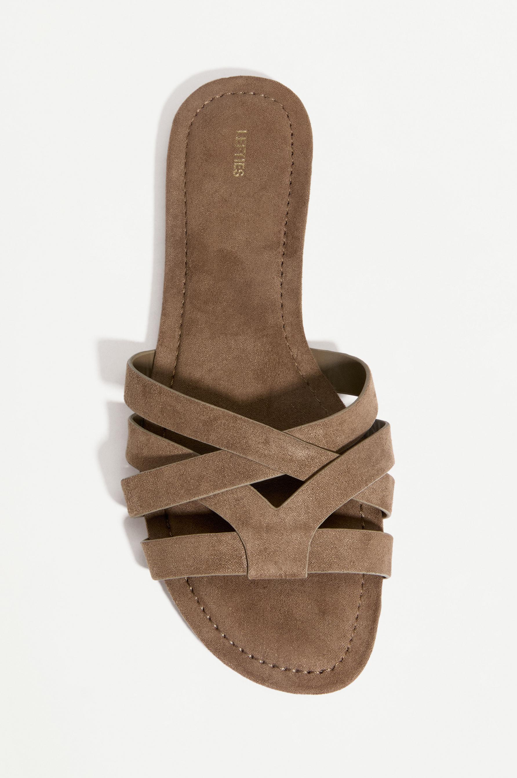 Braided faux suede flat slider sandals — KHAKI