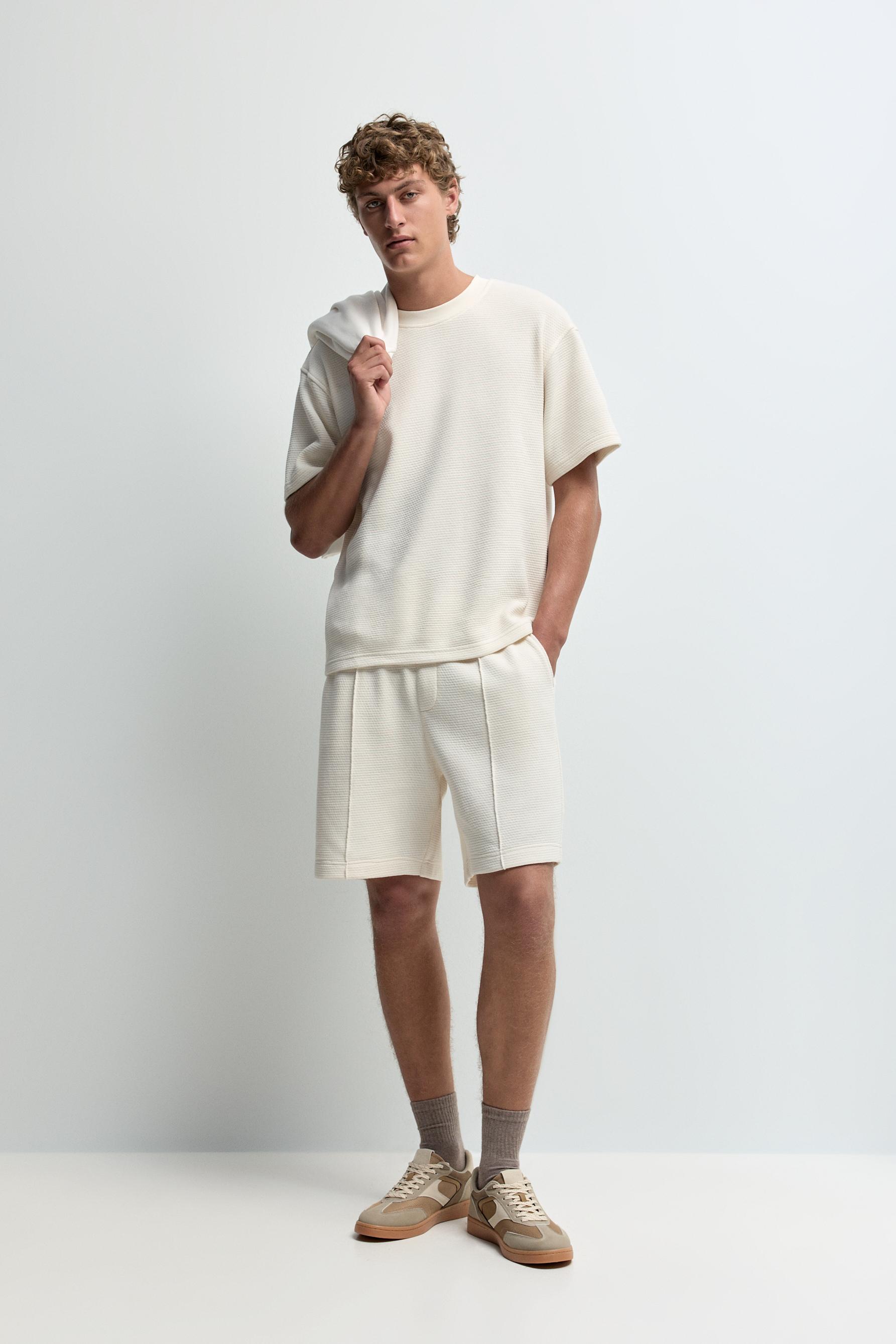 Waffle-knit textured T-shirt — ECRU