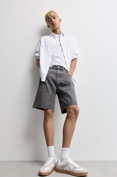 Double-knee denim Bermuda shorts — GREY 5