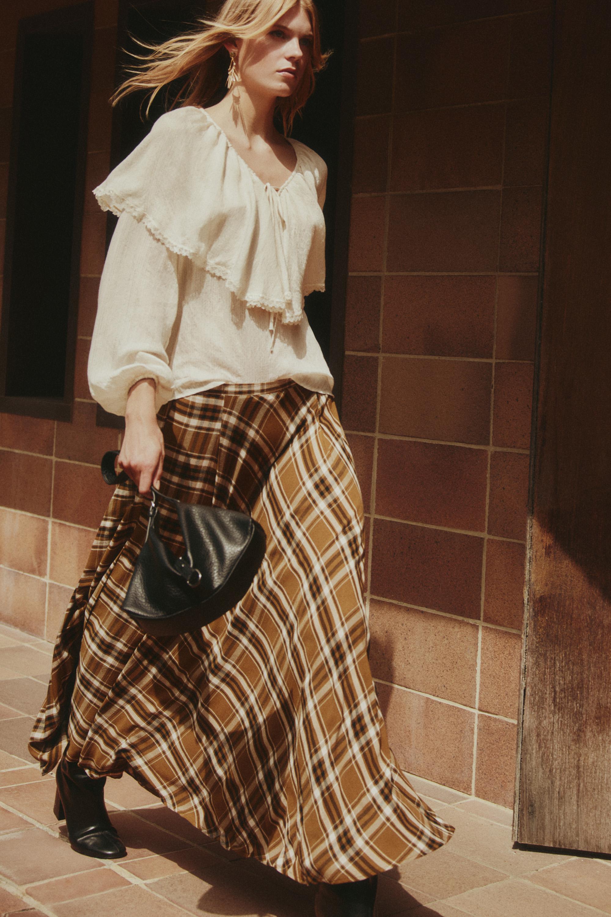 Plaid midi skirt — ECRU/KHAKI