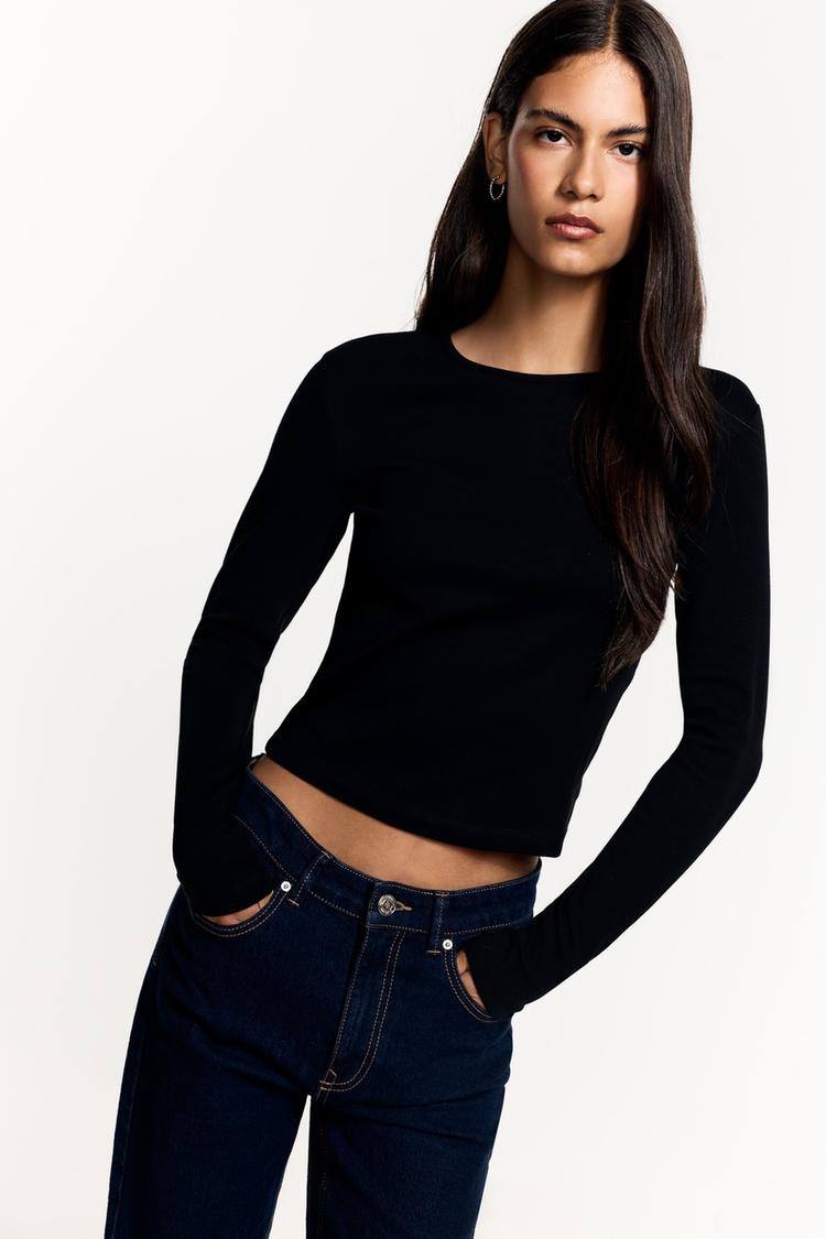 Ribbed long sleeve T-shirt — BLACK