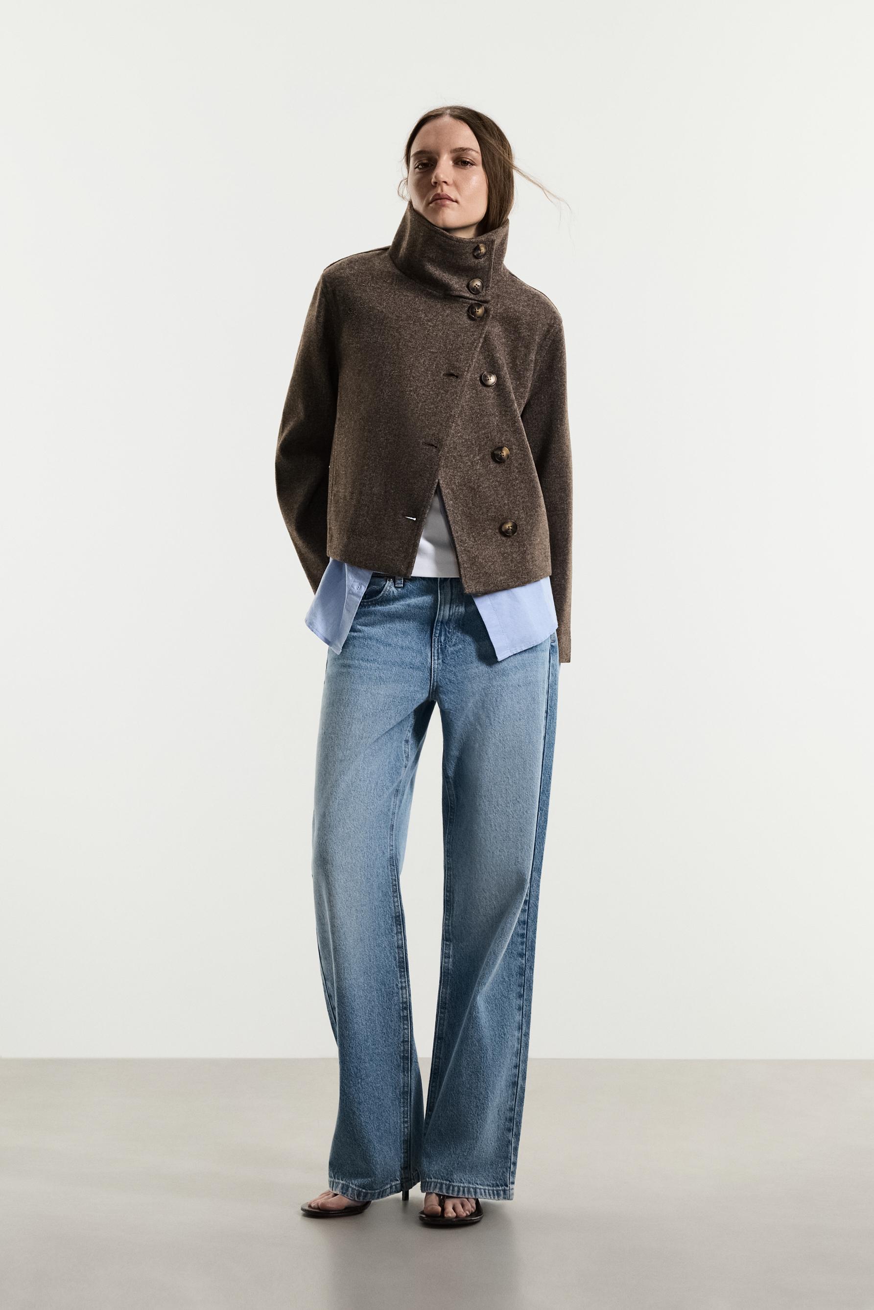 Short funnel neck jacket — BROWN
