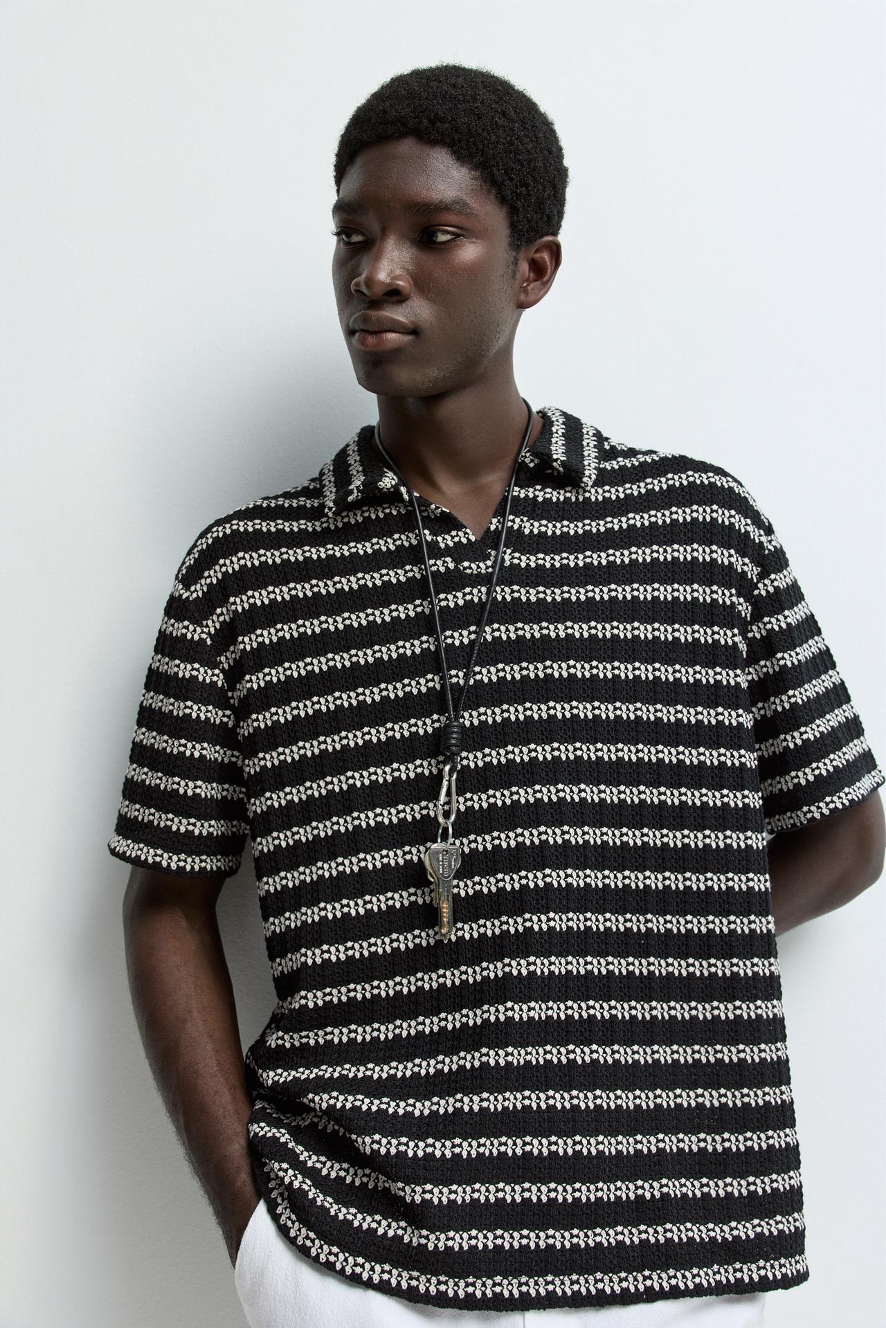Textured striped polo shirt — BLACK