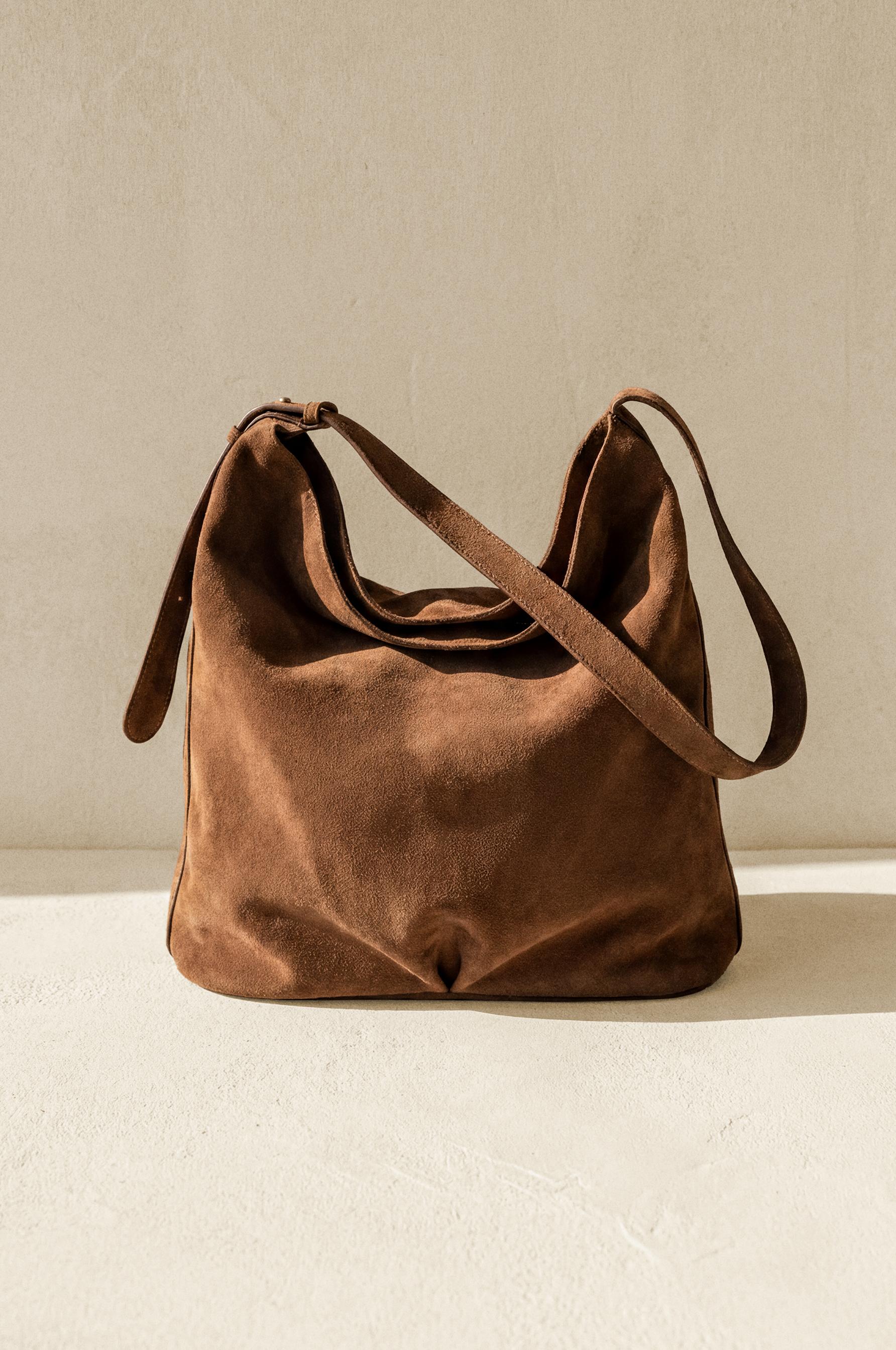 FAUX SUEDE SHOULDER BAG — BROWN