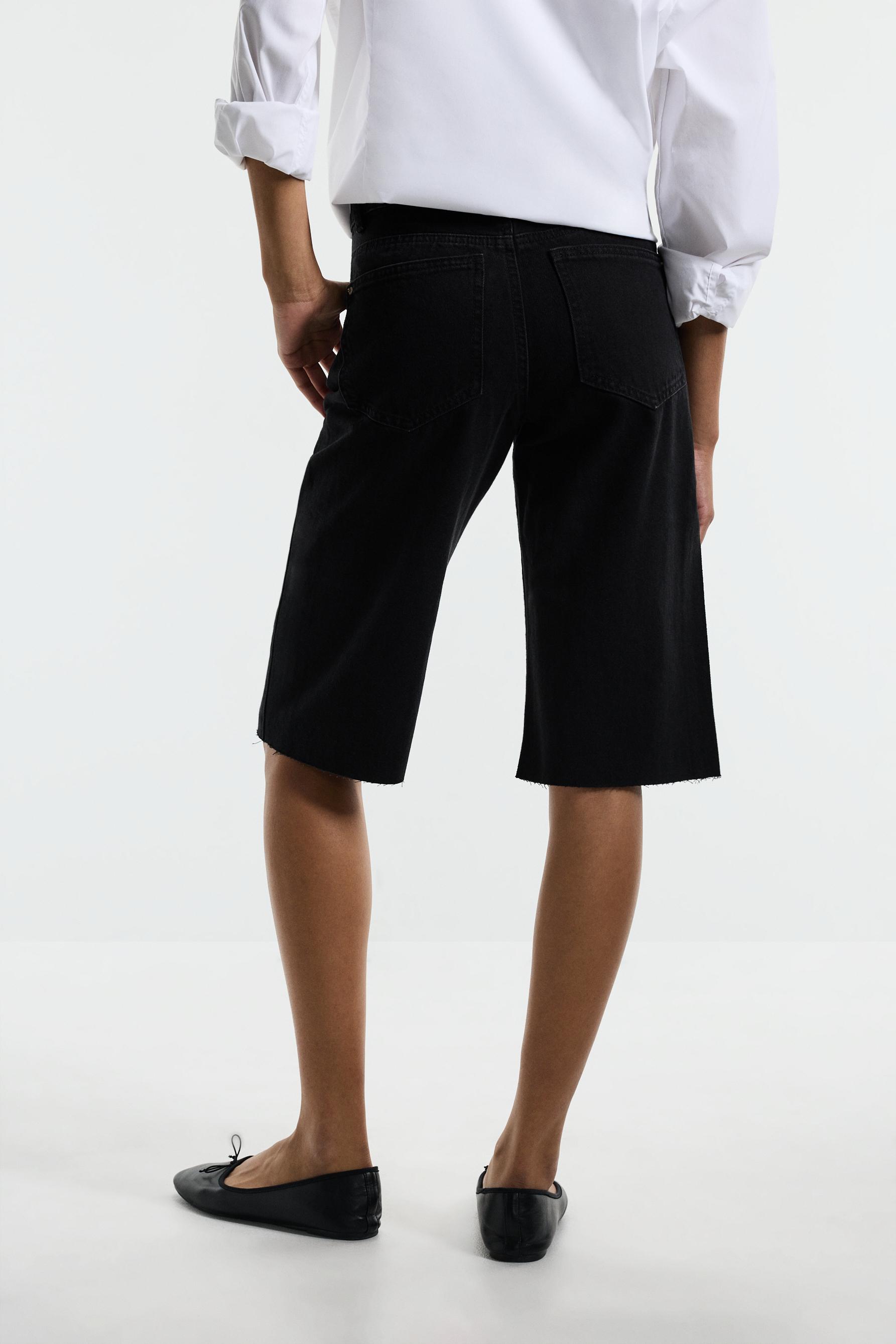 Slim fit wide-leg denim Bermuda shorts — BLACK