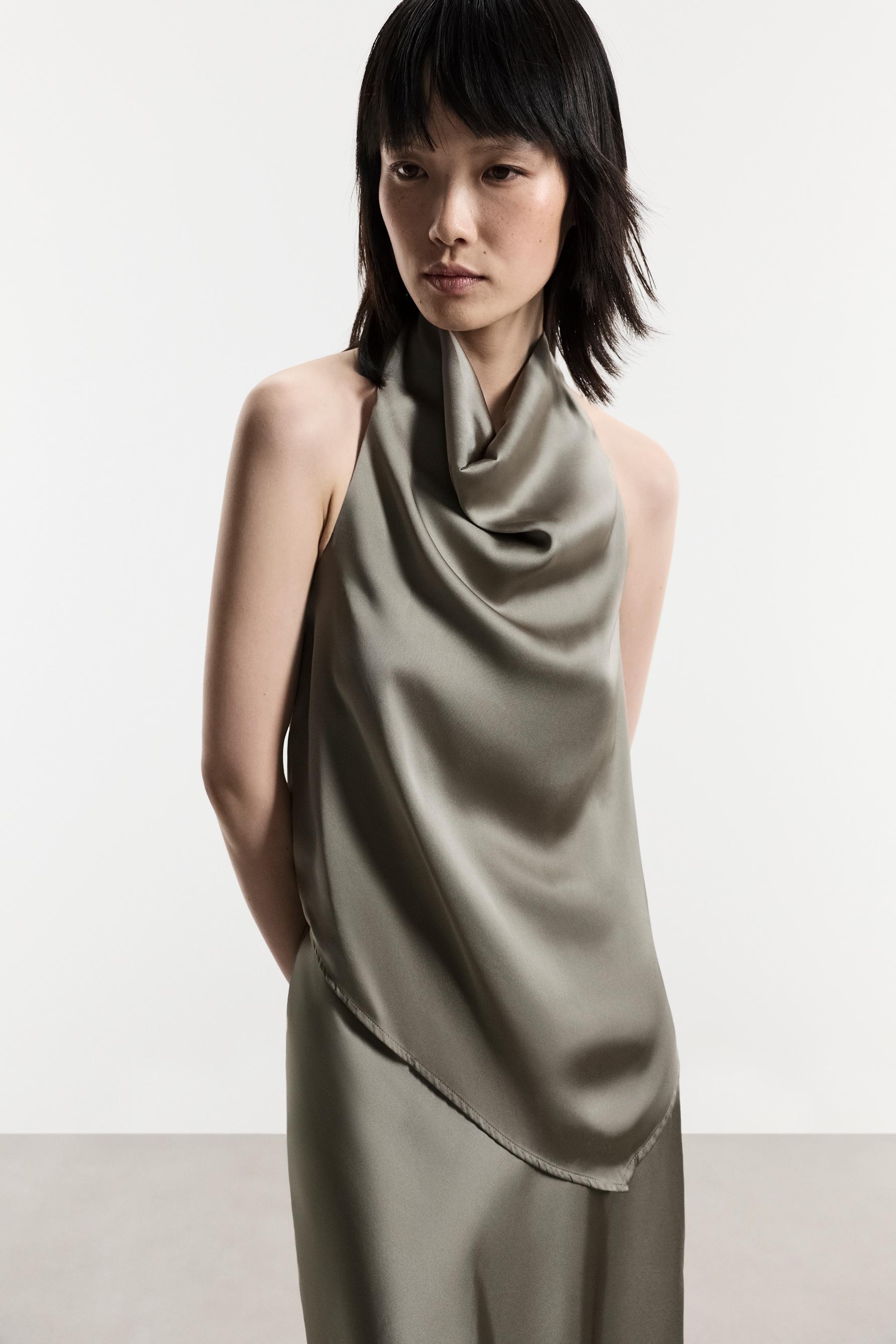 Asymmetric satin top — KHAKI