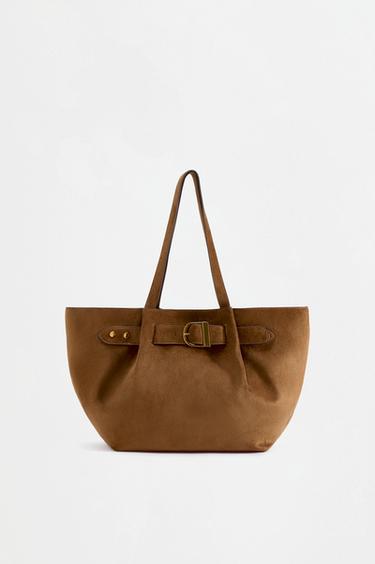 Faux suede buckle shopper bag — CAMEL 1