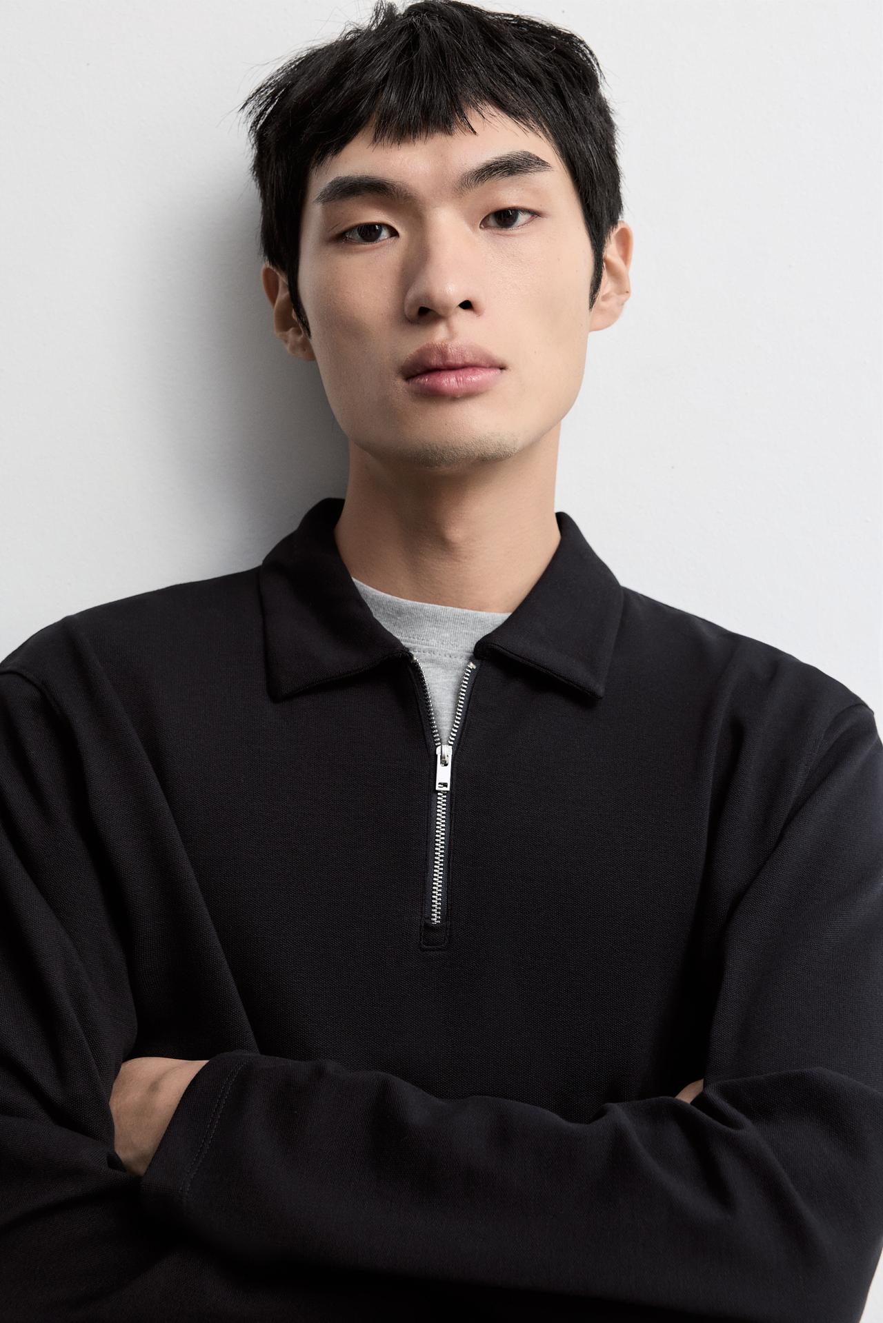Textured zip-up polo shirt — NAVY