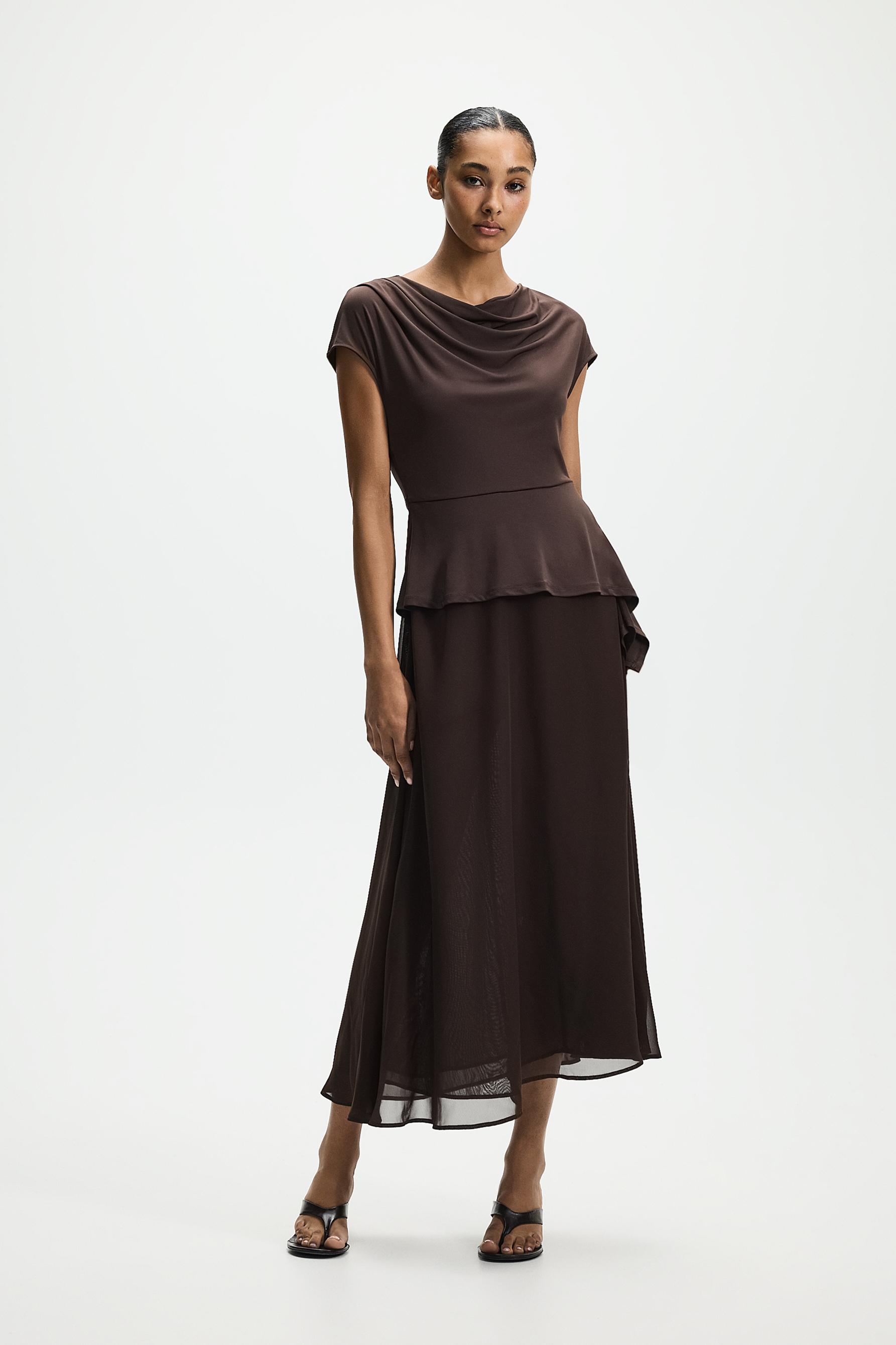 Mixed-fabric midi dress — CHOCOLATE