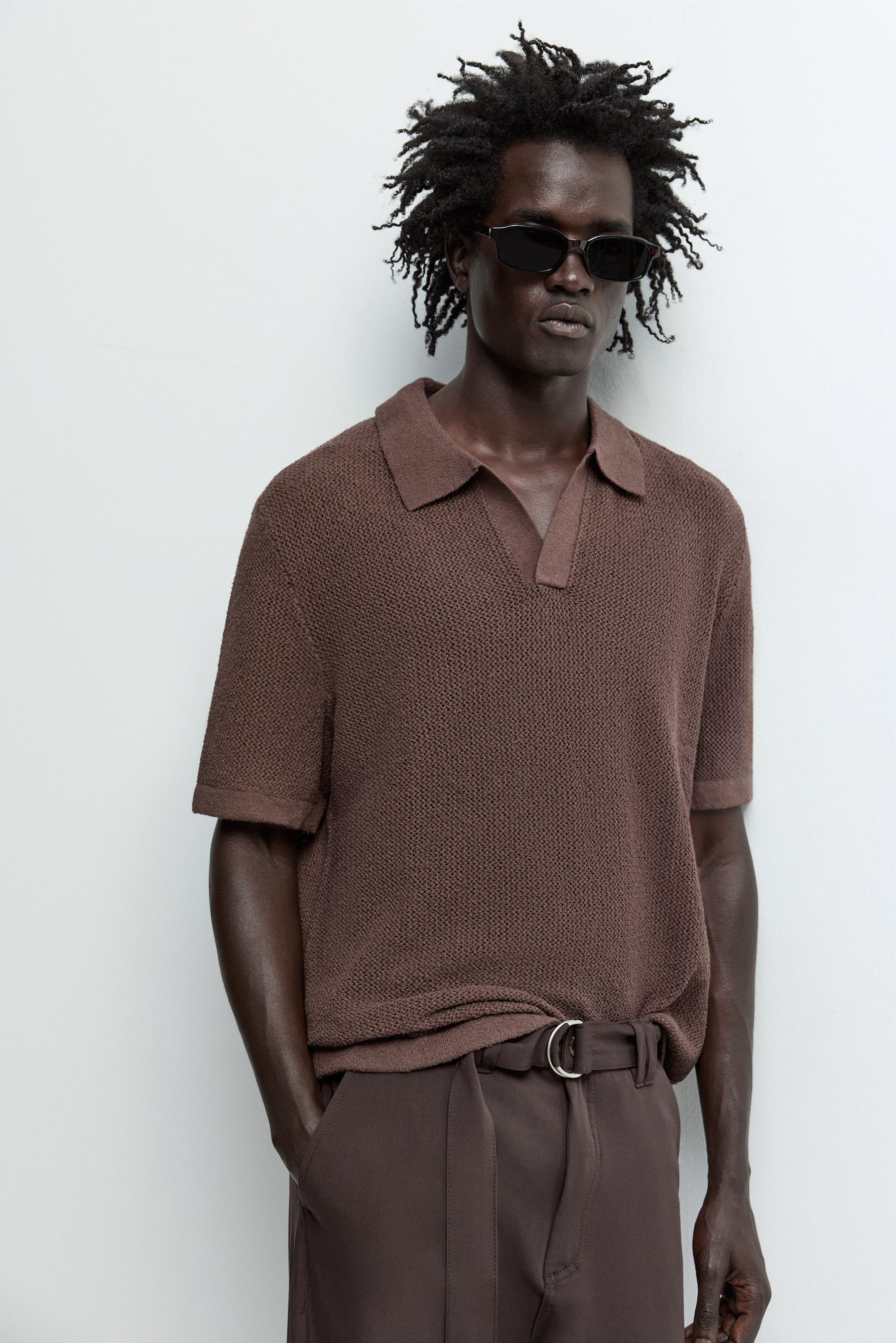 Cutwork knit polo shirt — BROWN