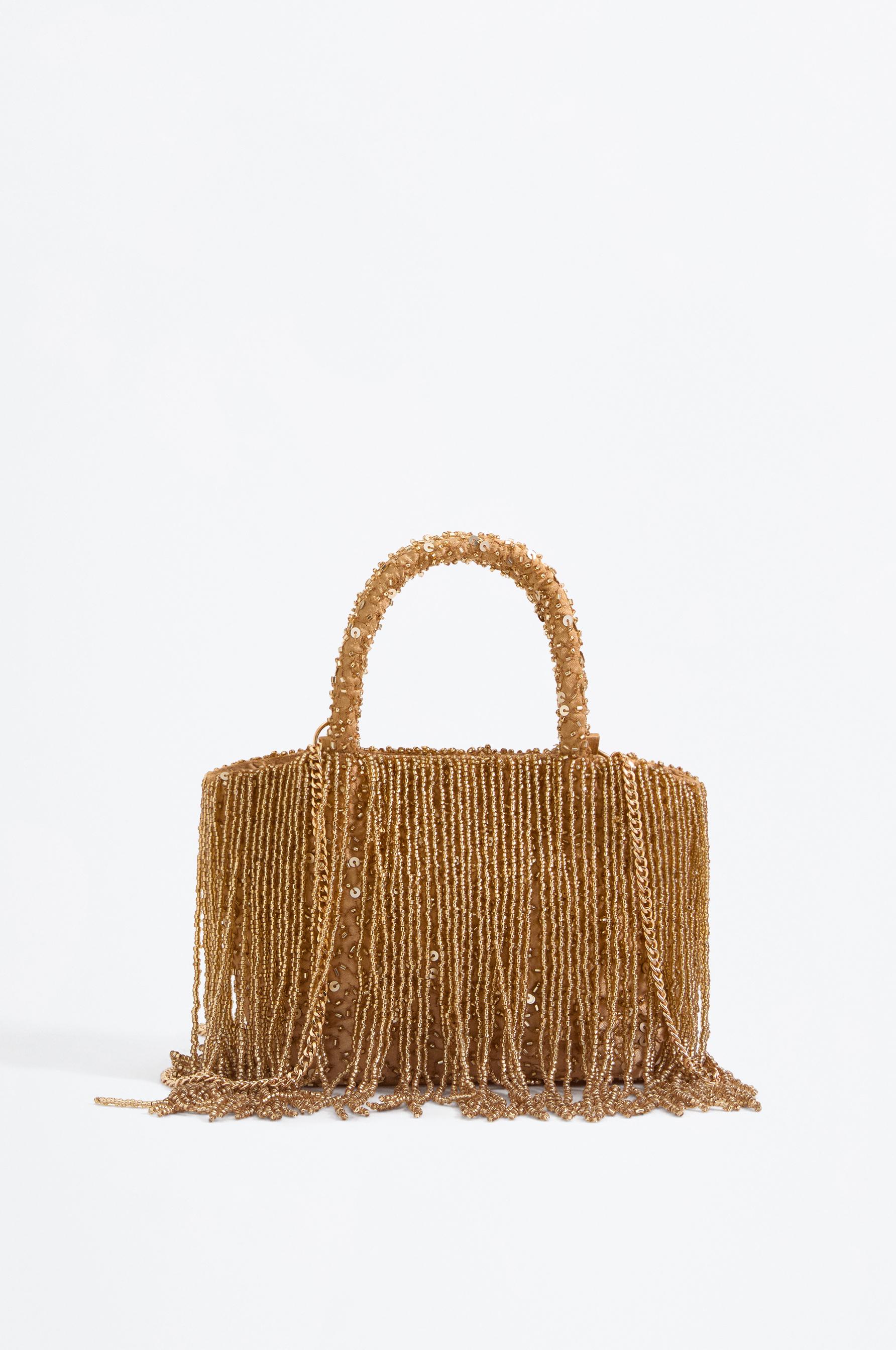 Mini shopper bag with beads and fringe — GOLD