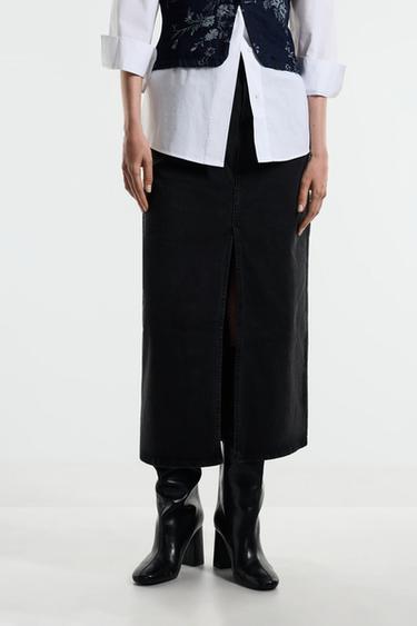 Midi denim skirt with front split — BLACK 2
