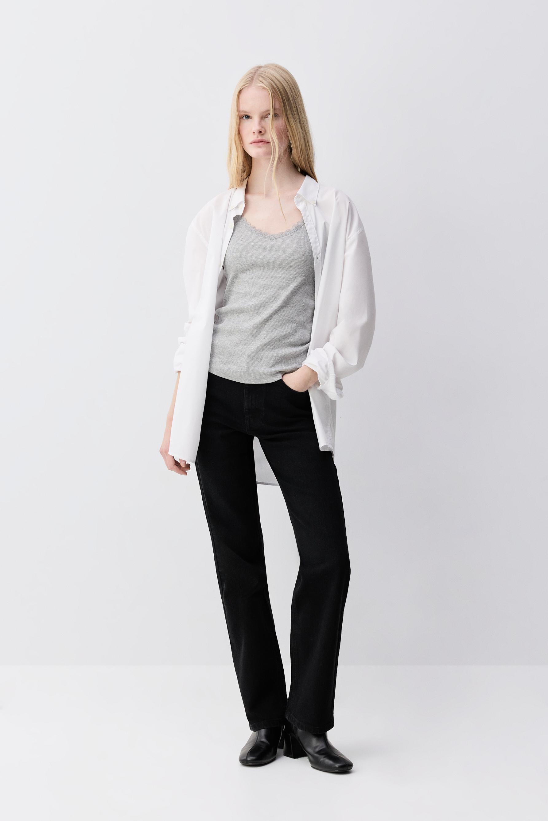 Ribbed top with blonde lace detail — GREY MARL