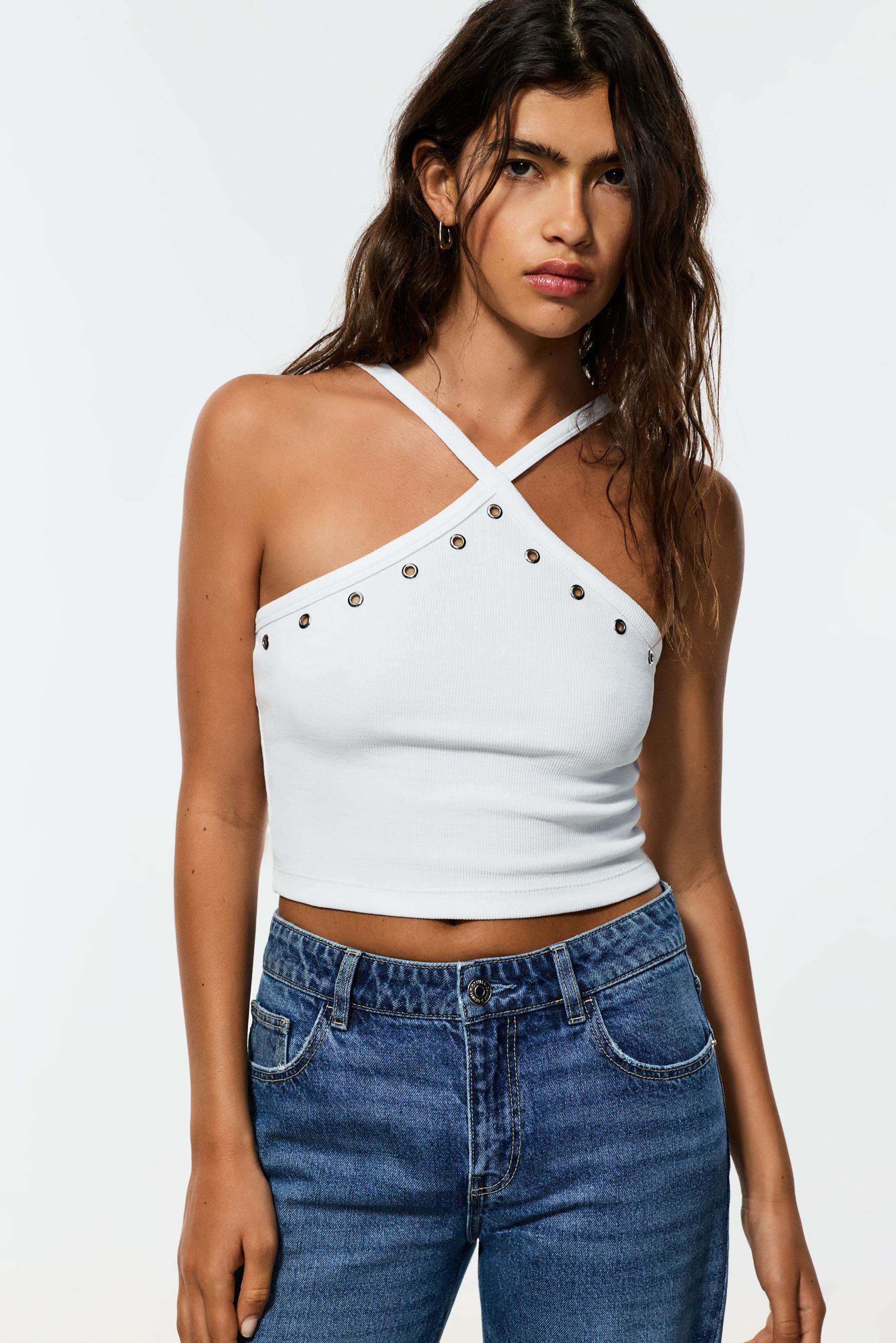 Eyelet halter top — OFF WHITE
