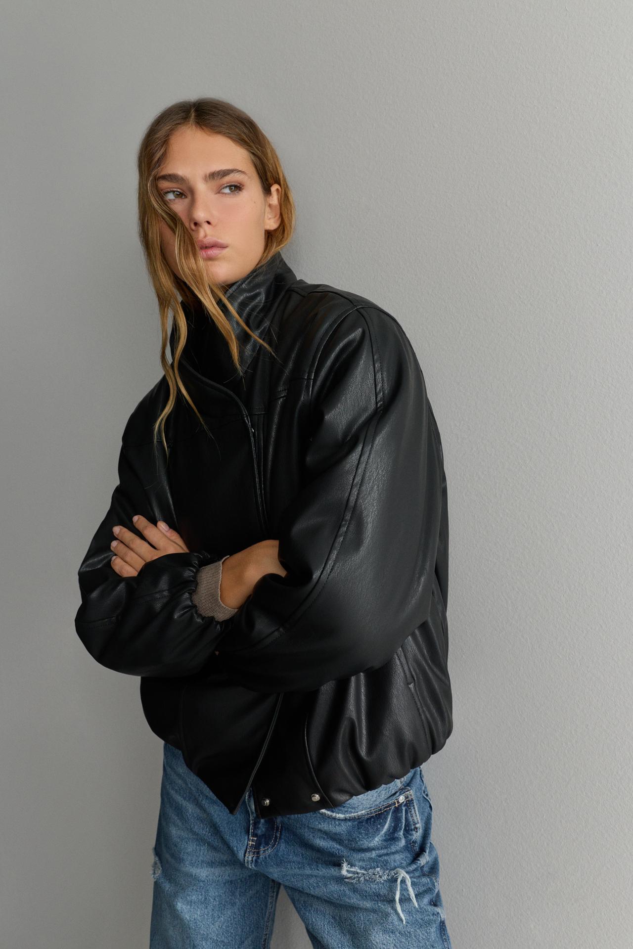 Leather effect wrap puffer jacket — BLACK