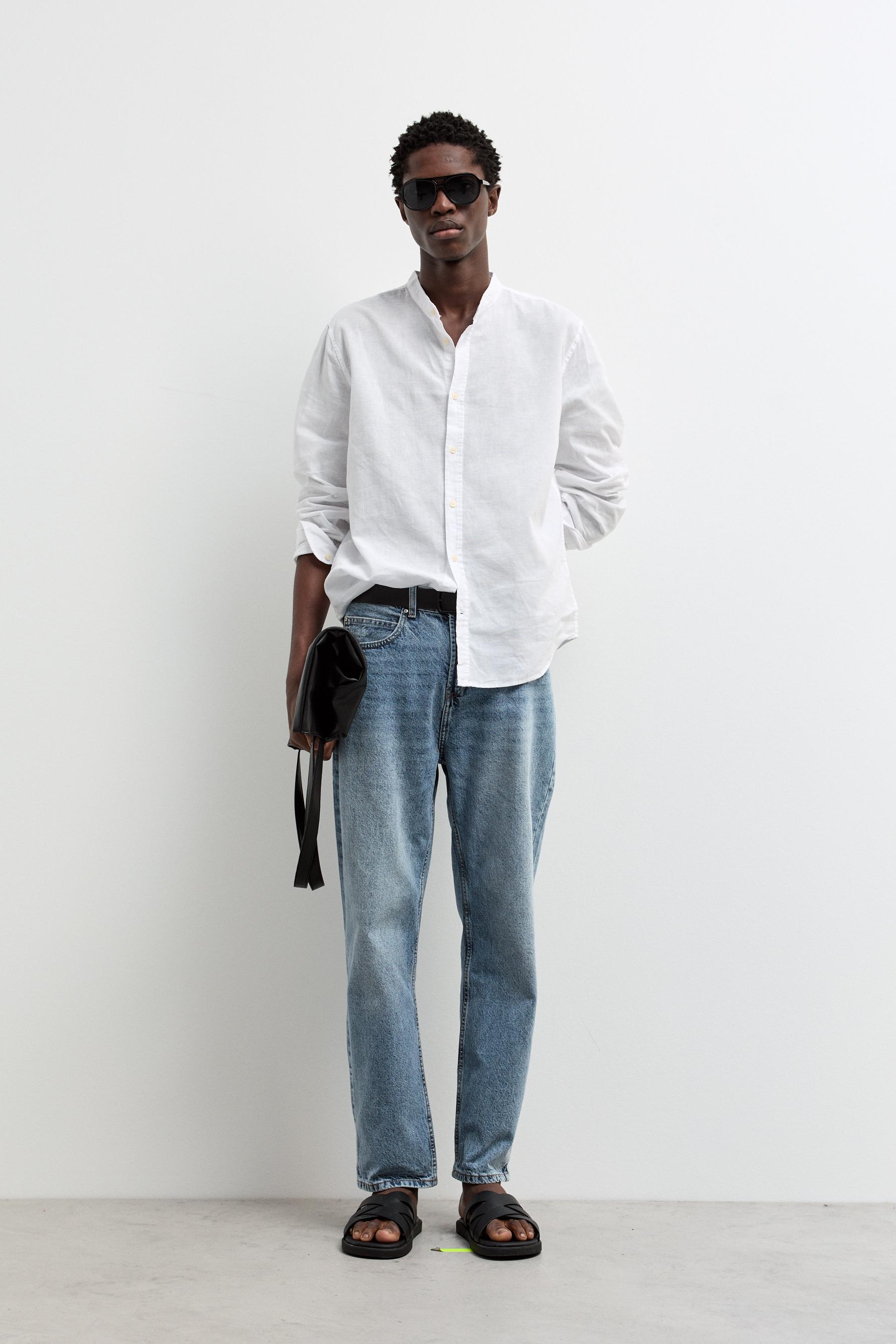 Linen and cotton stand collar shirt — WHITE