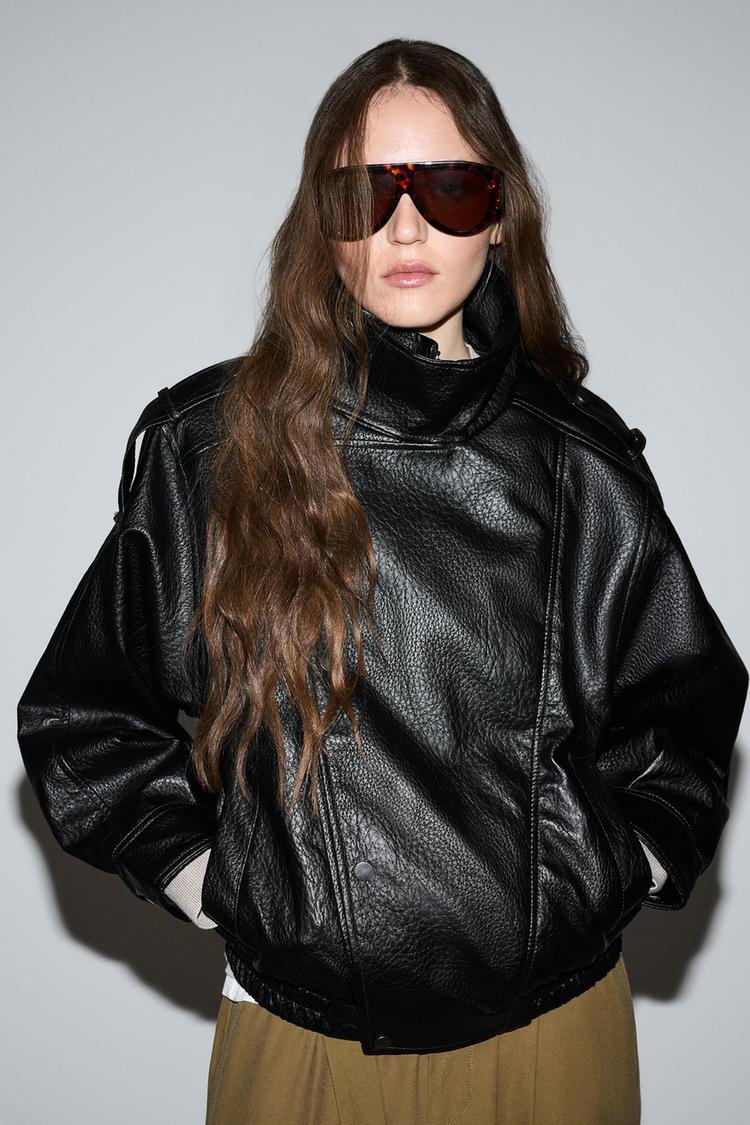 Oversize leather effect bomber jacket — BLACK