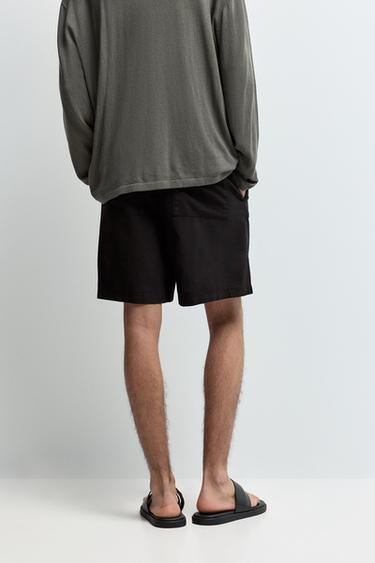 Linen-cotton jogger Bermuda shorts — BLACK 4