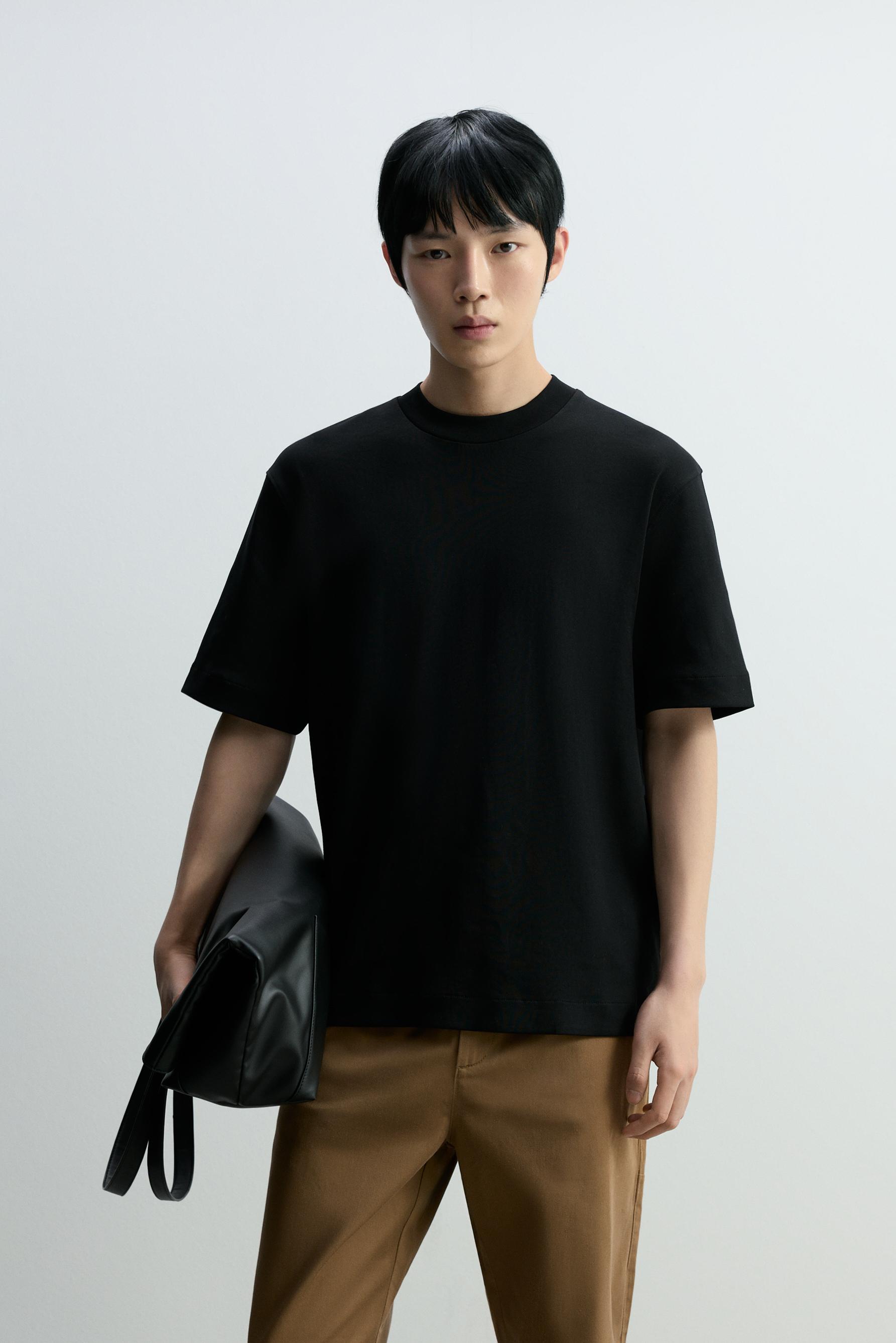 Interlock mock neck T-shirt — BLACK