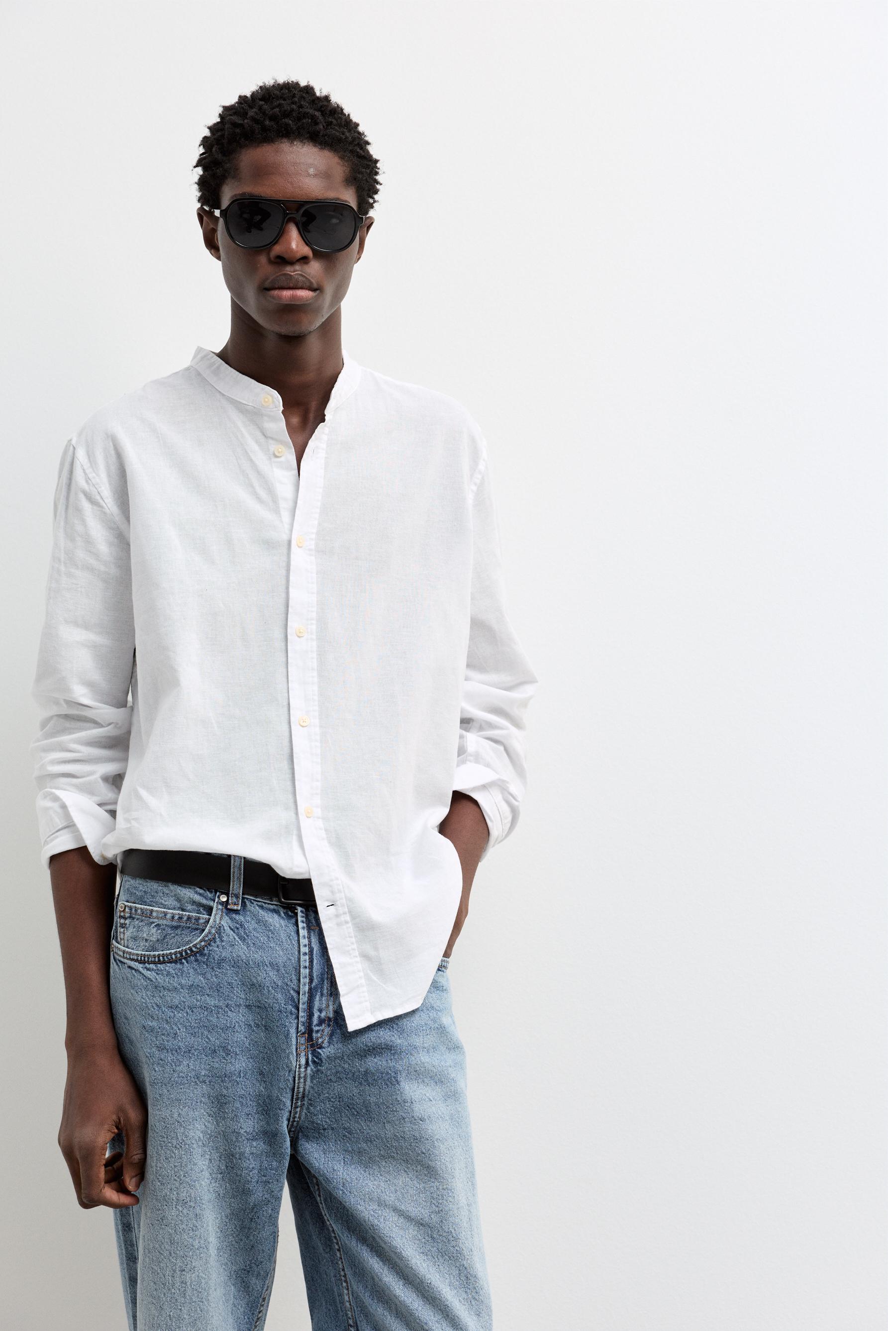 Linen and cotton stand collar shirt — WHITE