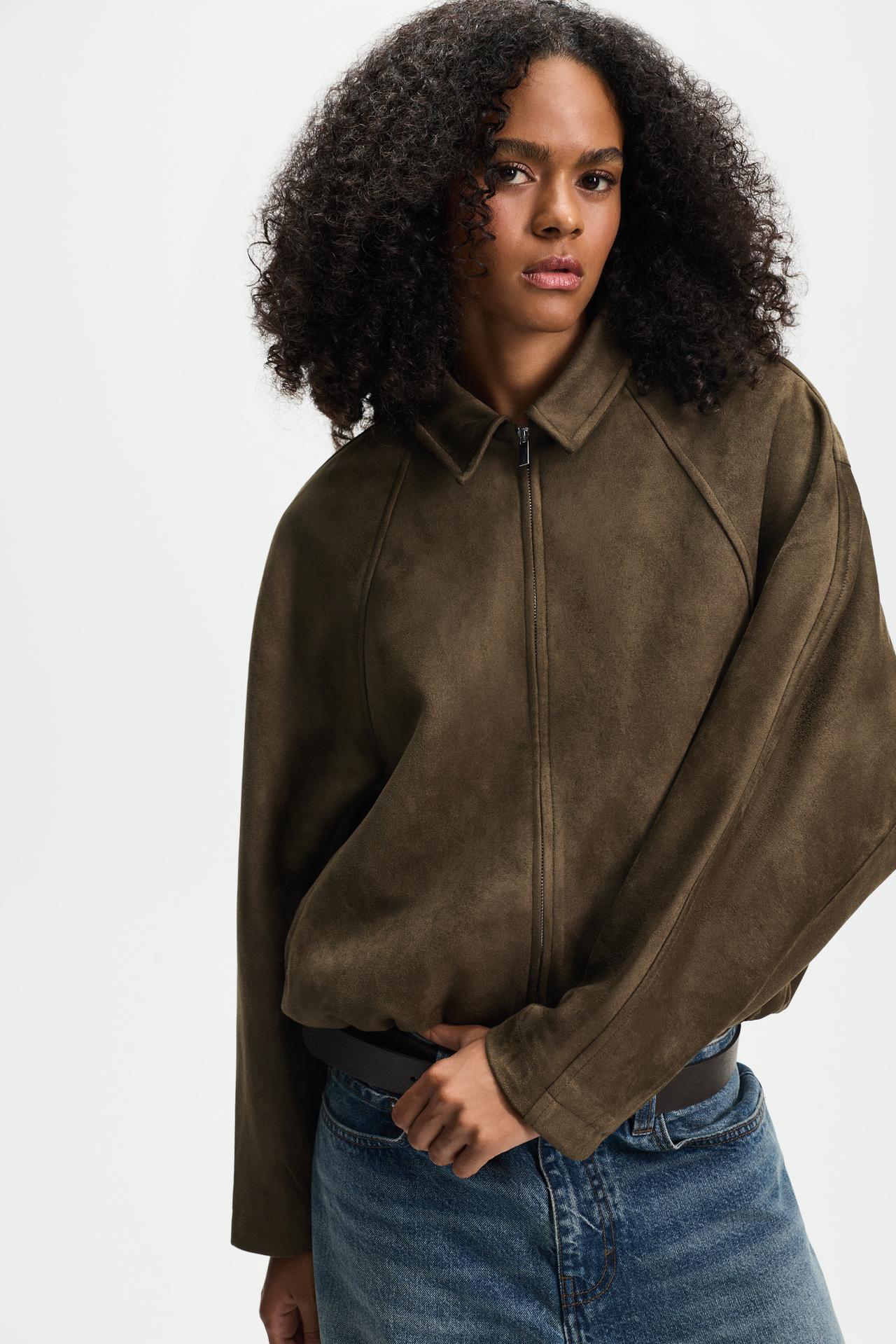 Puffed faux suede bomber jacket — DARK KHAKI