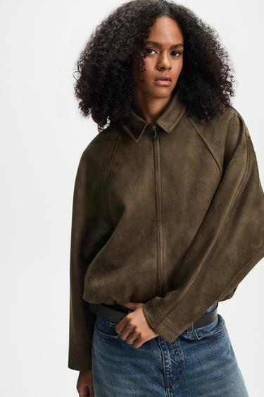 Puffed faux suede bomber jacket — DARK KHAKI 1