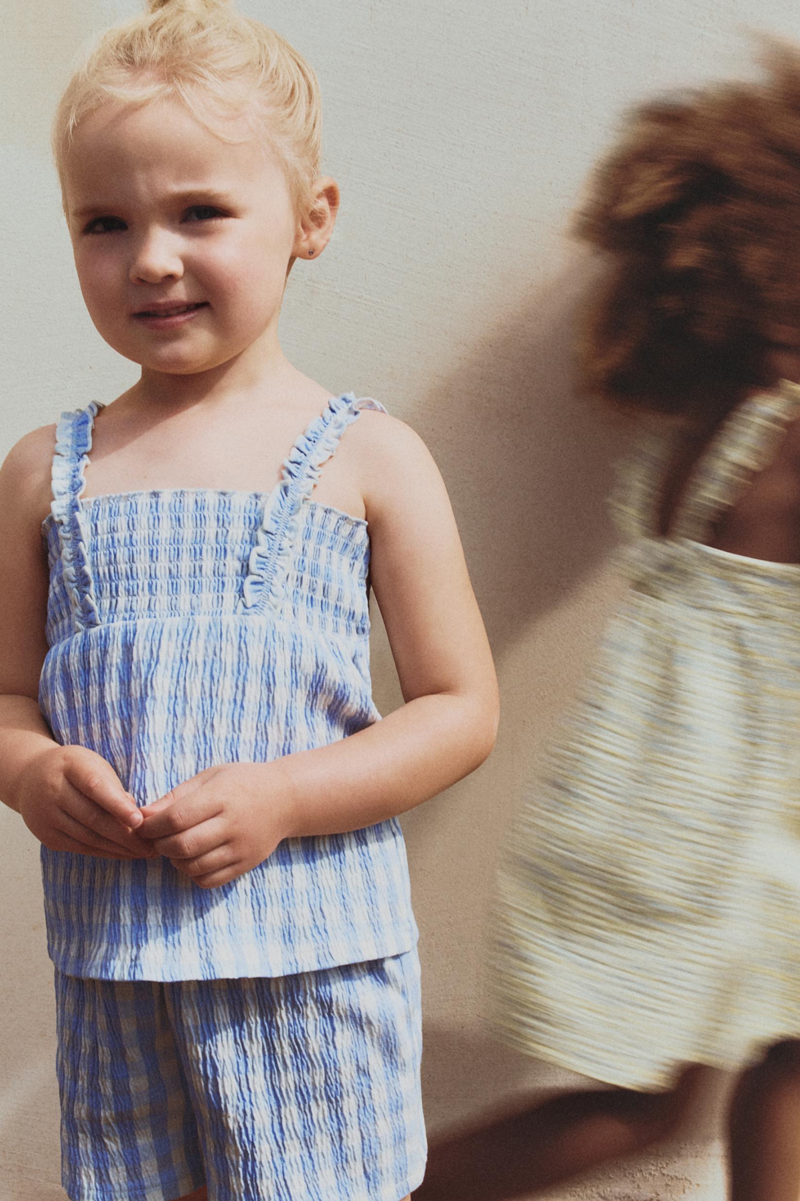 Gingham crepe top and shorts co-ord — BLUE