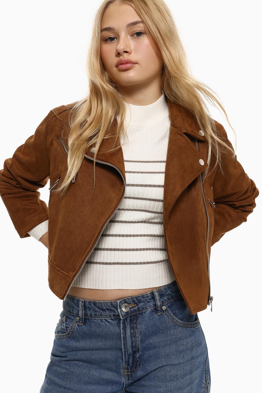 Double-breasted faux suede jacket