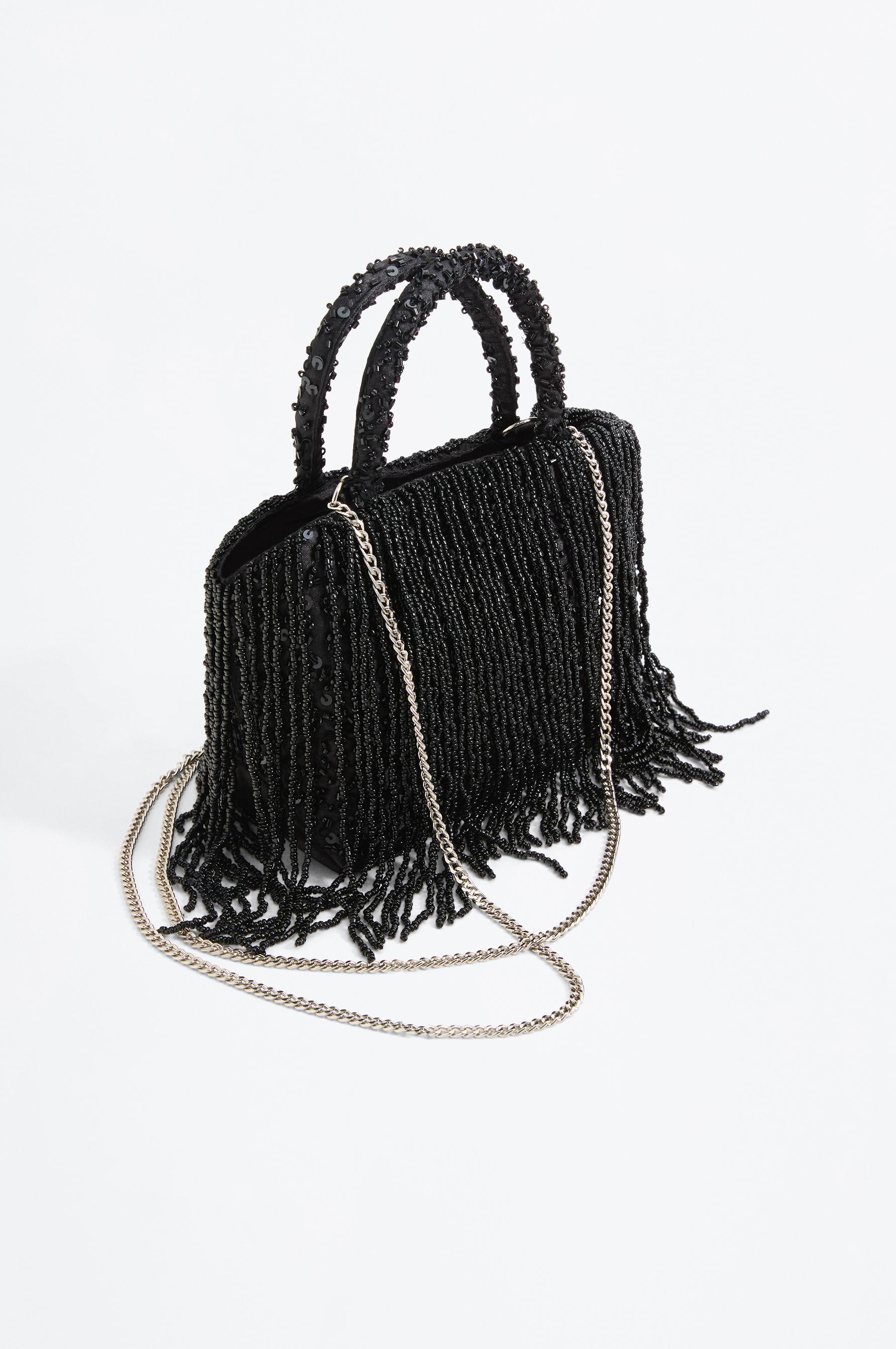 Mini shopper bag with beads and fringe — BLACK