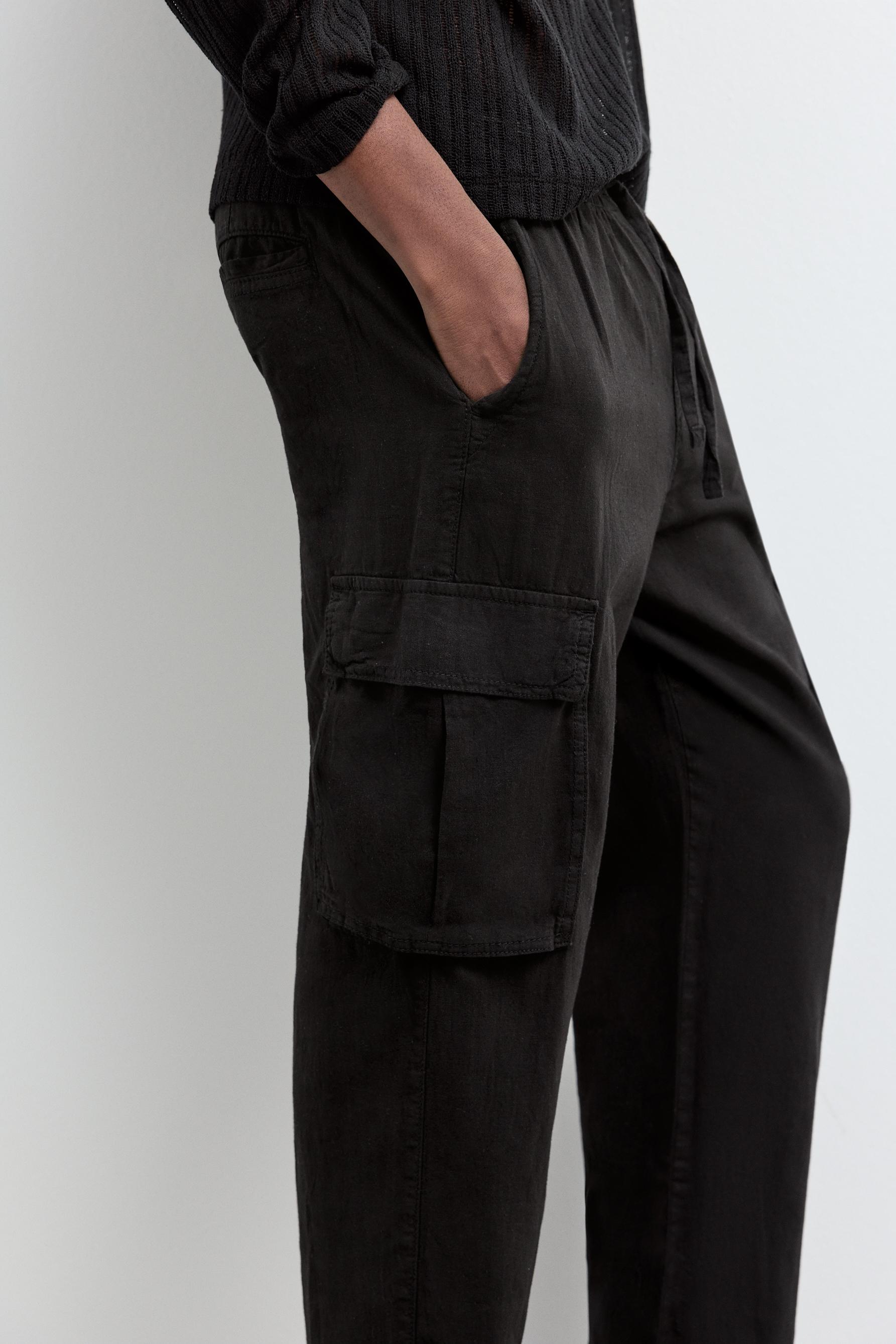 Linen-cotton cargo jogger trousers — BLACK