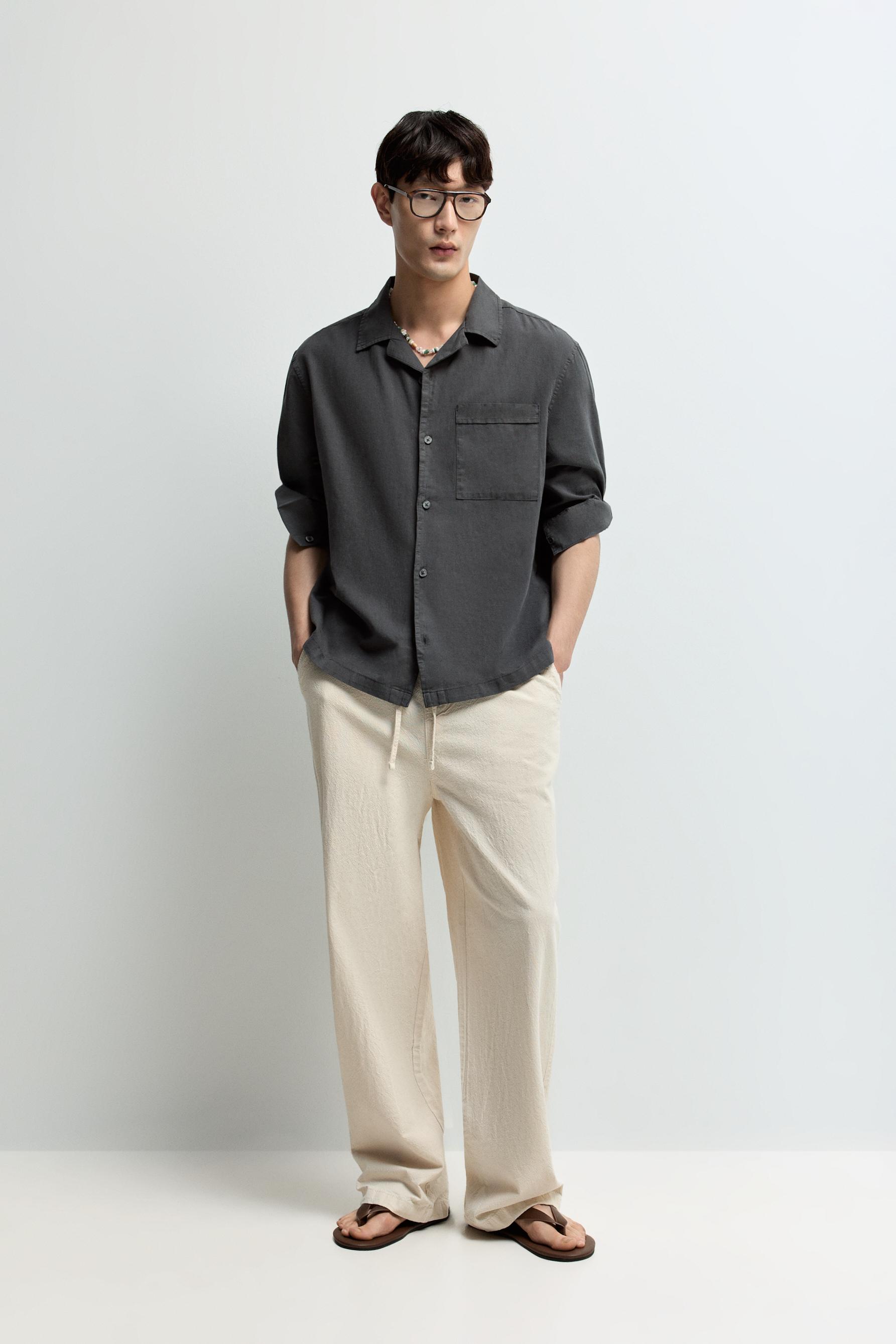 Linen-cotton resort shirt — PETROL BLUE