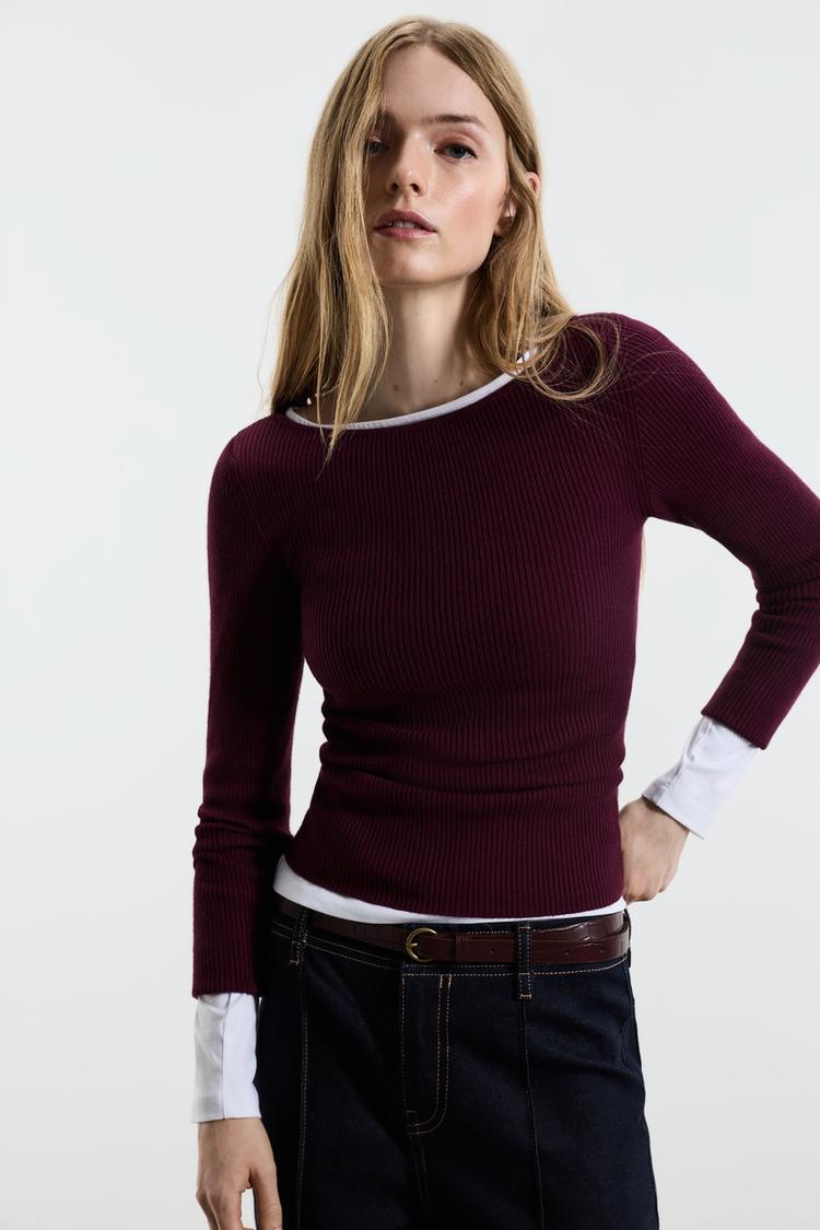 Basic rib sweater — BURGUNDY