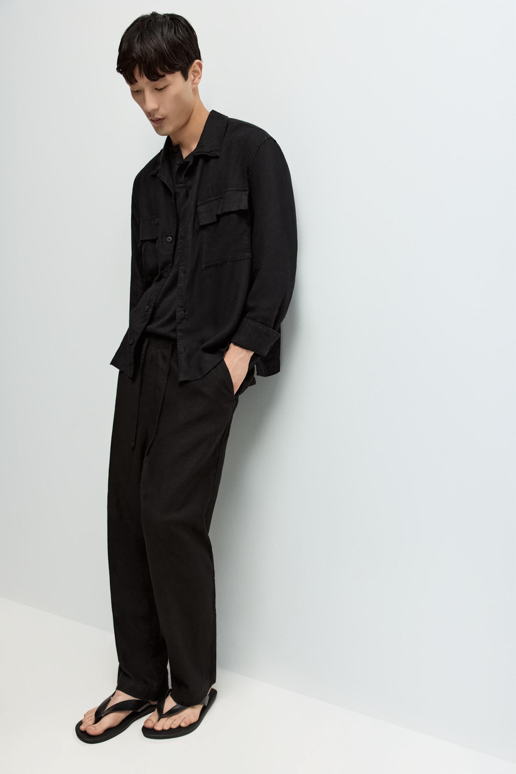 Baggy Linen-Blend Joggers — BLACK