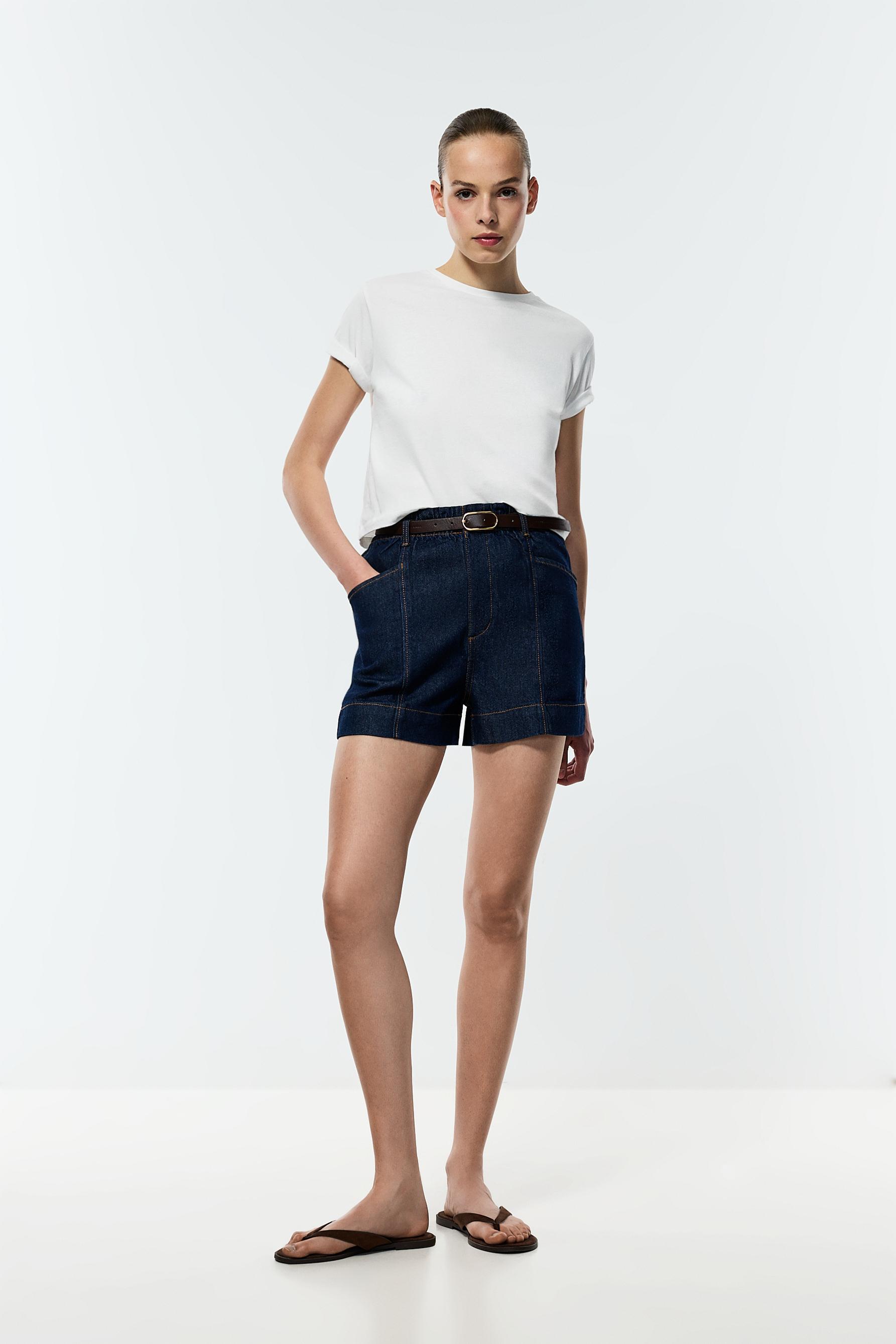 Paperbag denim shorts — NAVY