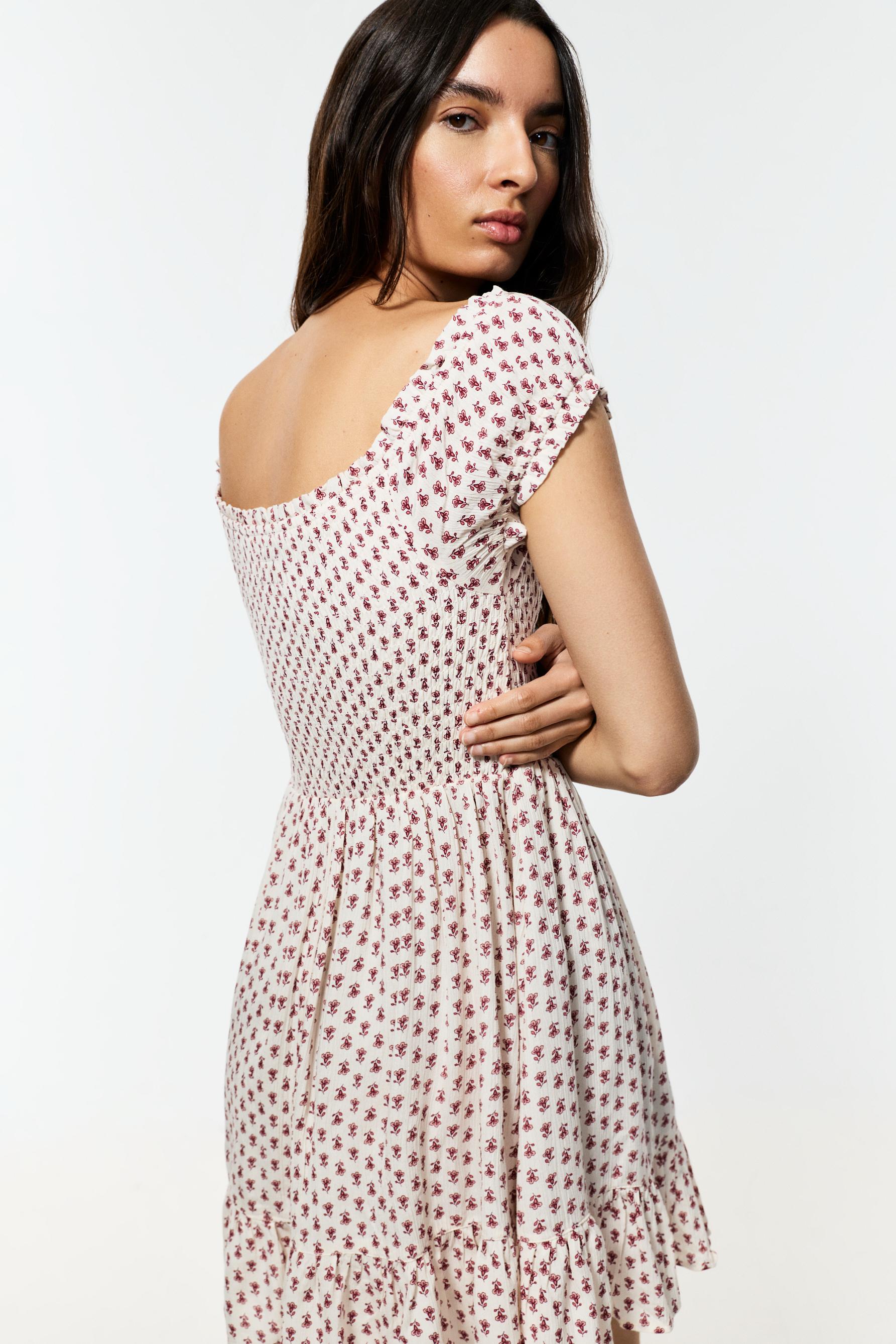 Smocked short dress — ECRU/MAROON