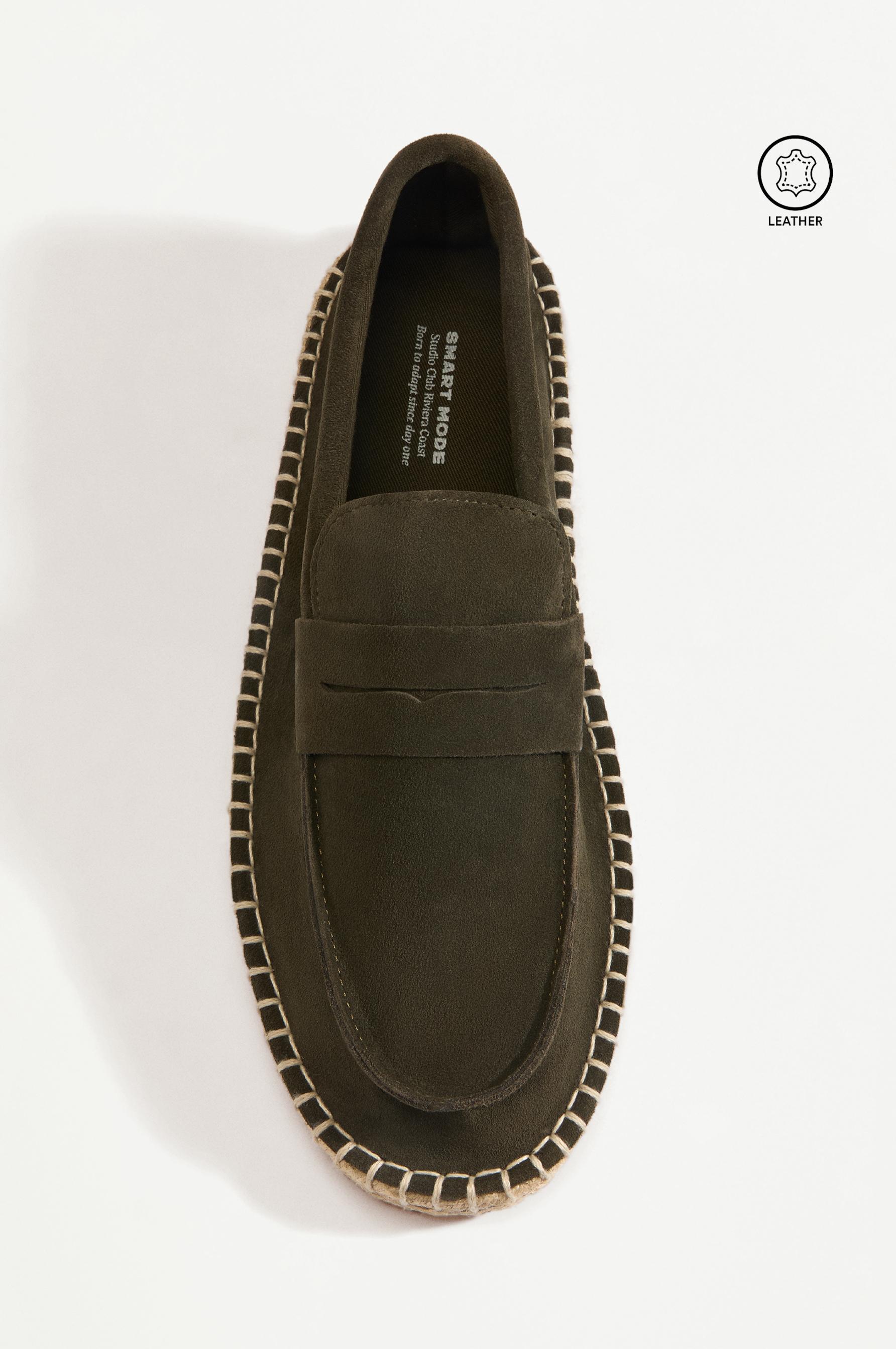 Leather moccasin with jute-effect sole — KHAKI