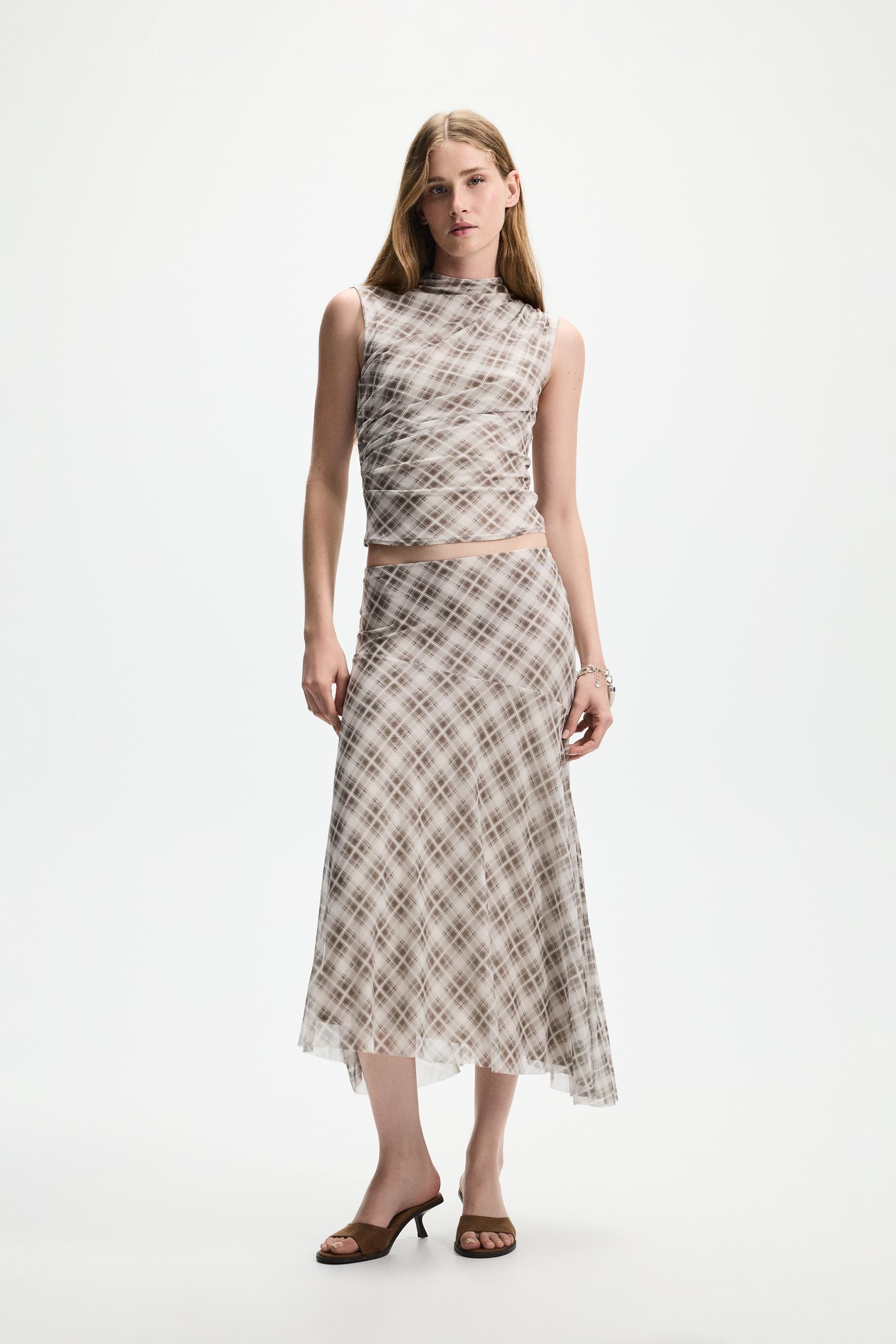 Plaid midi skirt — ECRU/BROWN