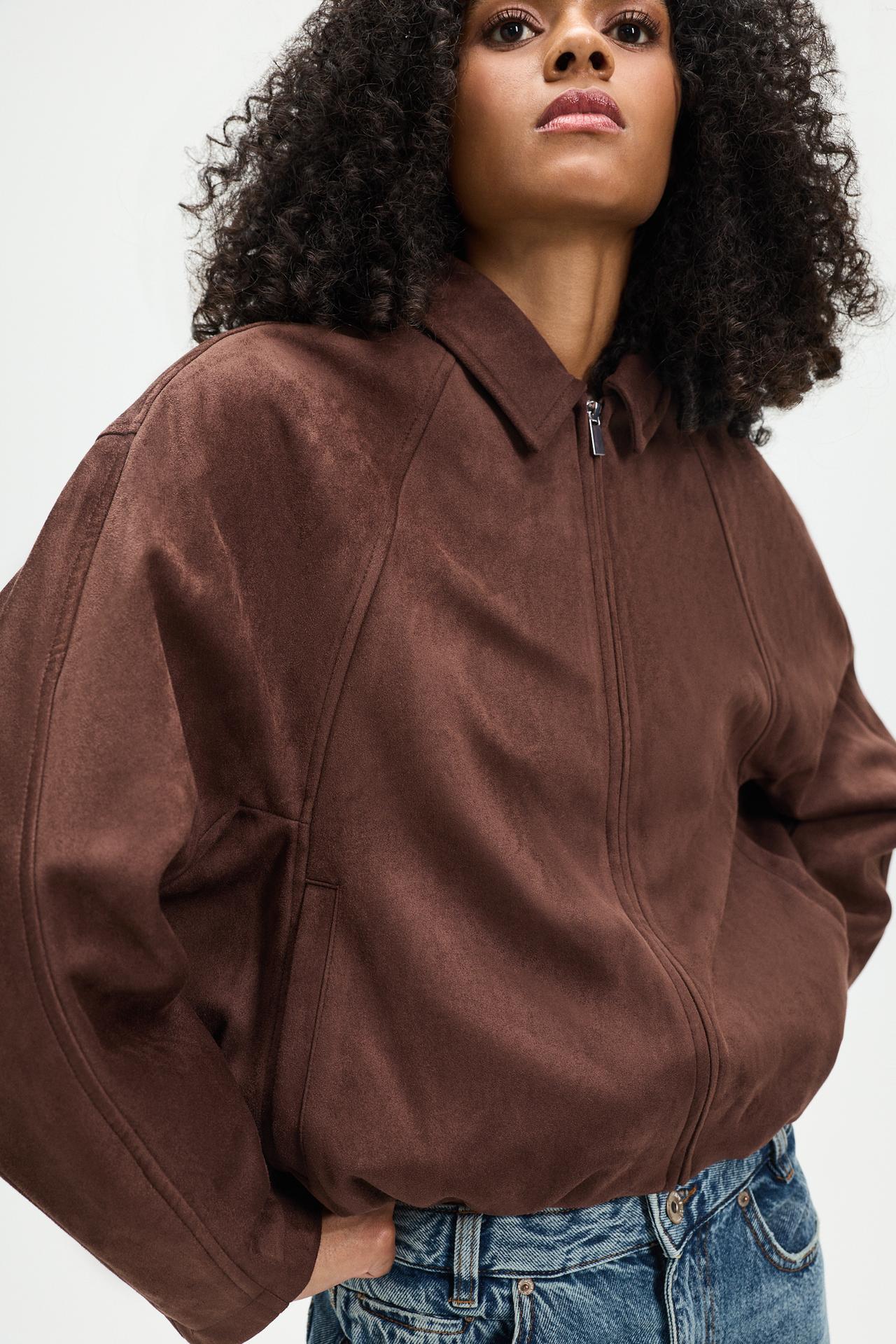 Puffed faux suede bomber jacket — CHOCOLATE BROWN
