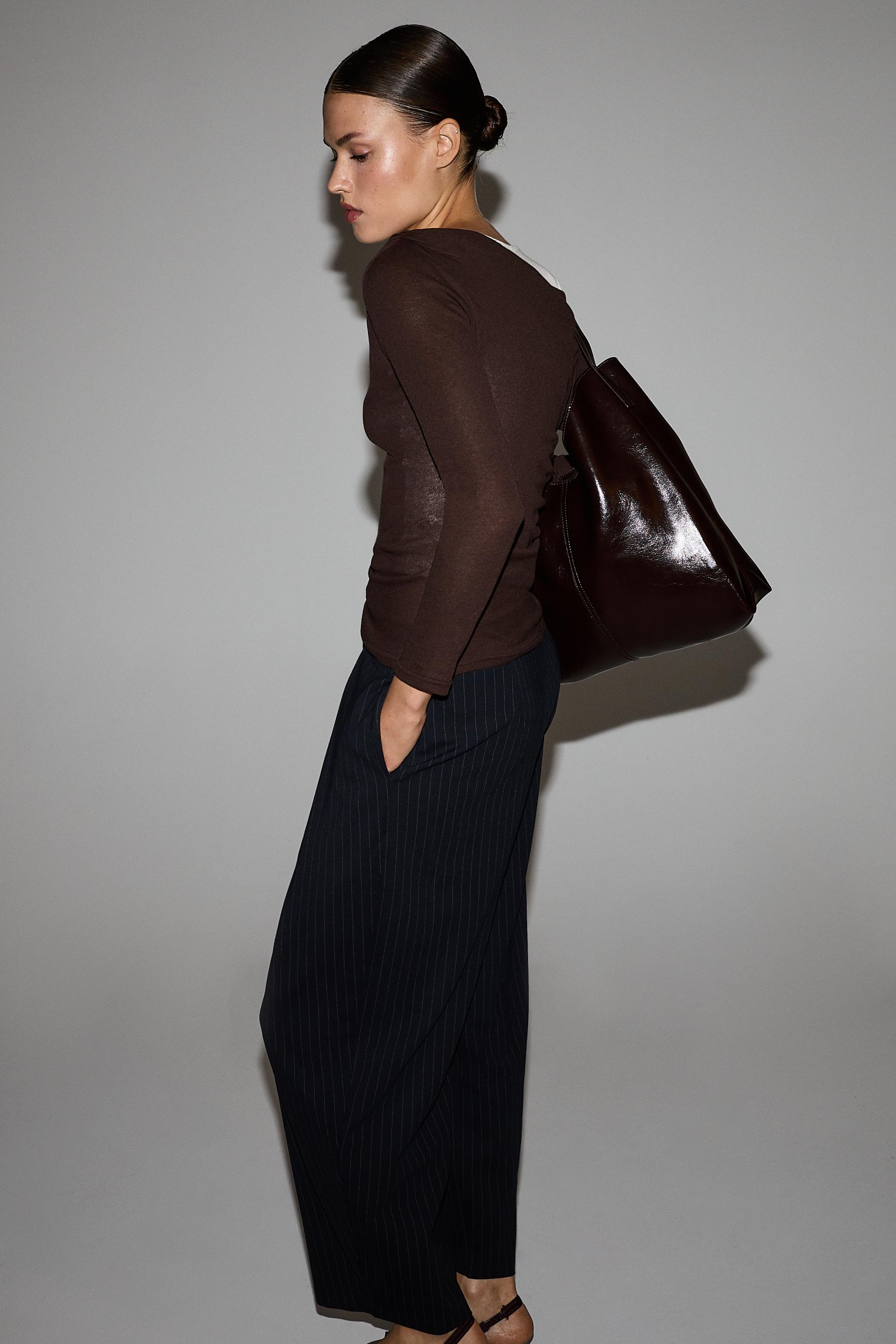 Asymmetric ribbed double T-shirt — CHOCOLATE