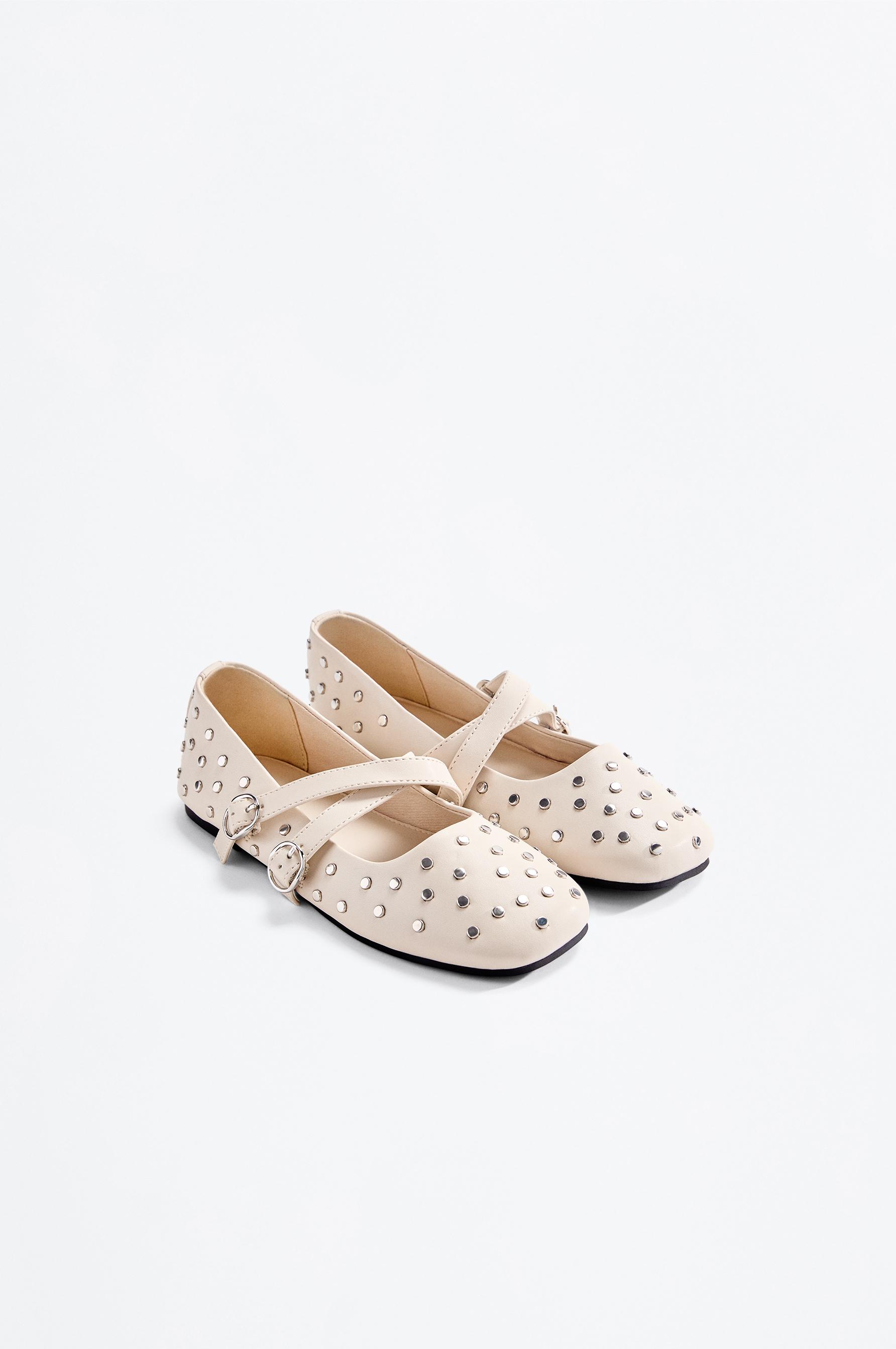 Girls' studded ballet flats — ECRU