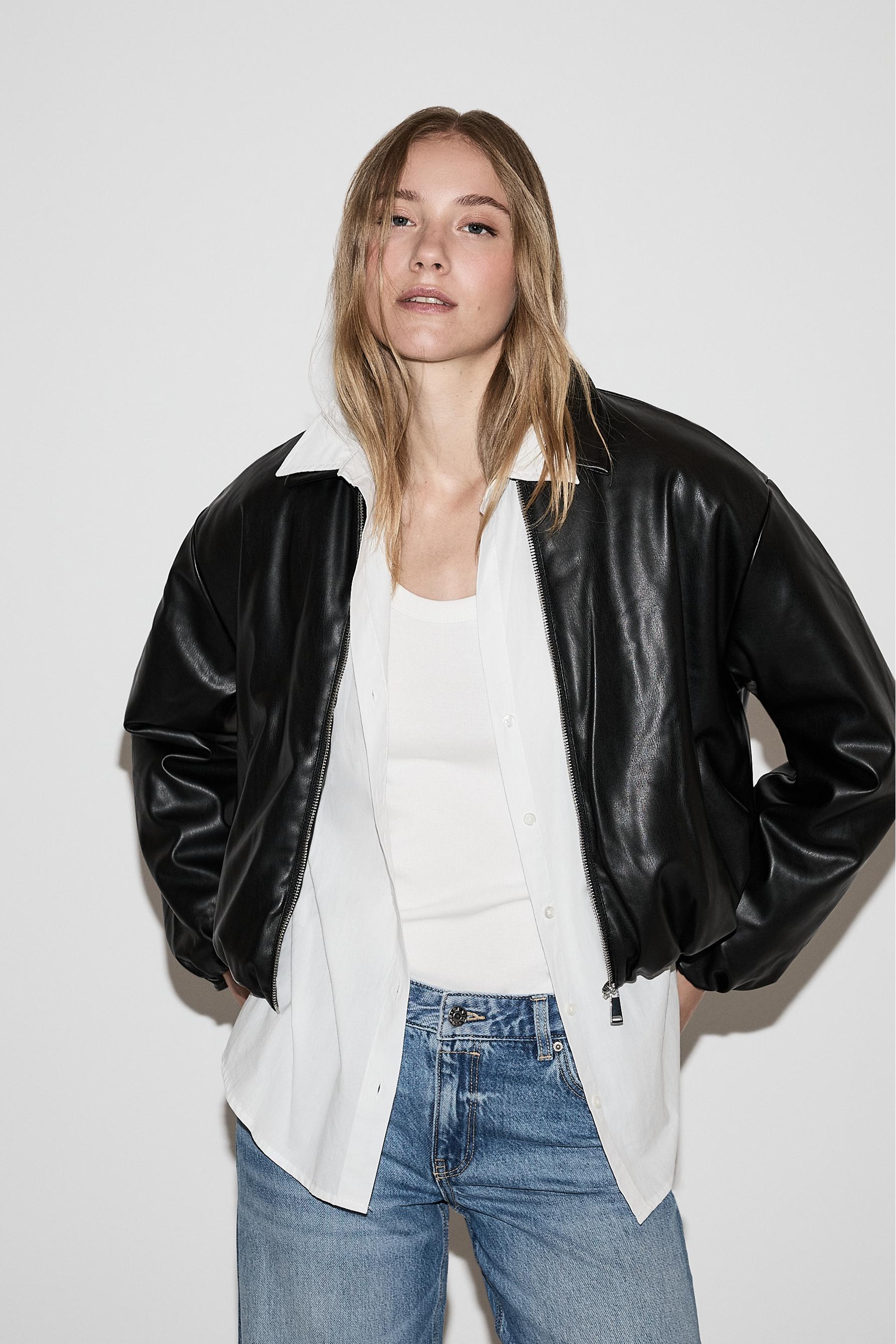 Voluminous leather effect bomber jacket — BLACK
