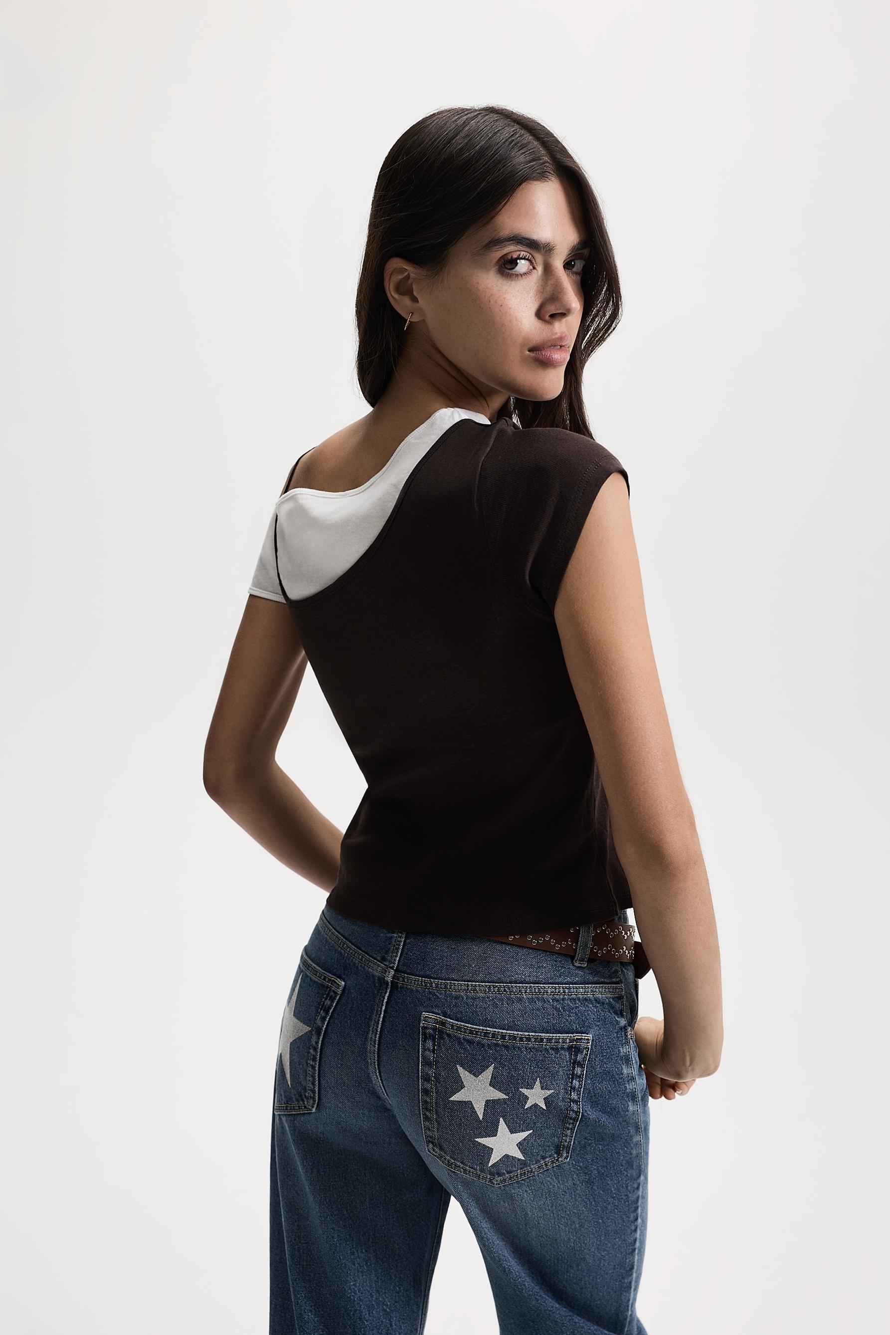 Asymmetric double-layer T-shirt — DARK BROWN