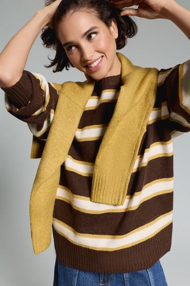 Basic oversize spongy-knit sweater — BROWN/ECRU 1