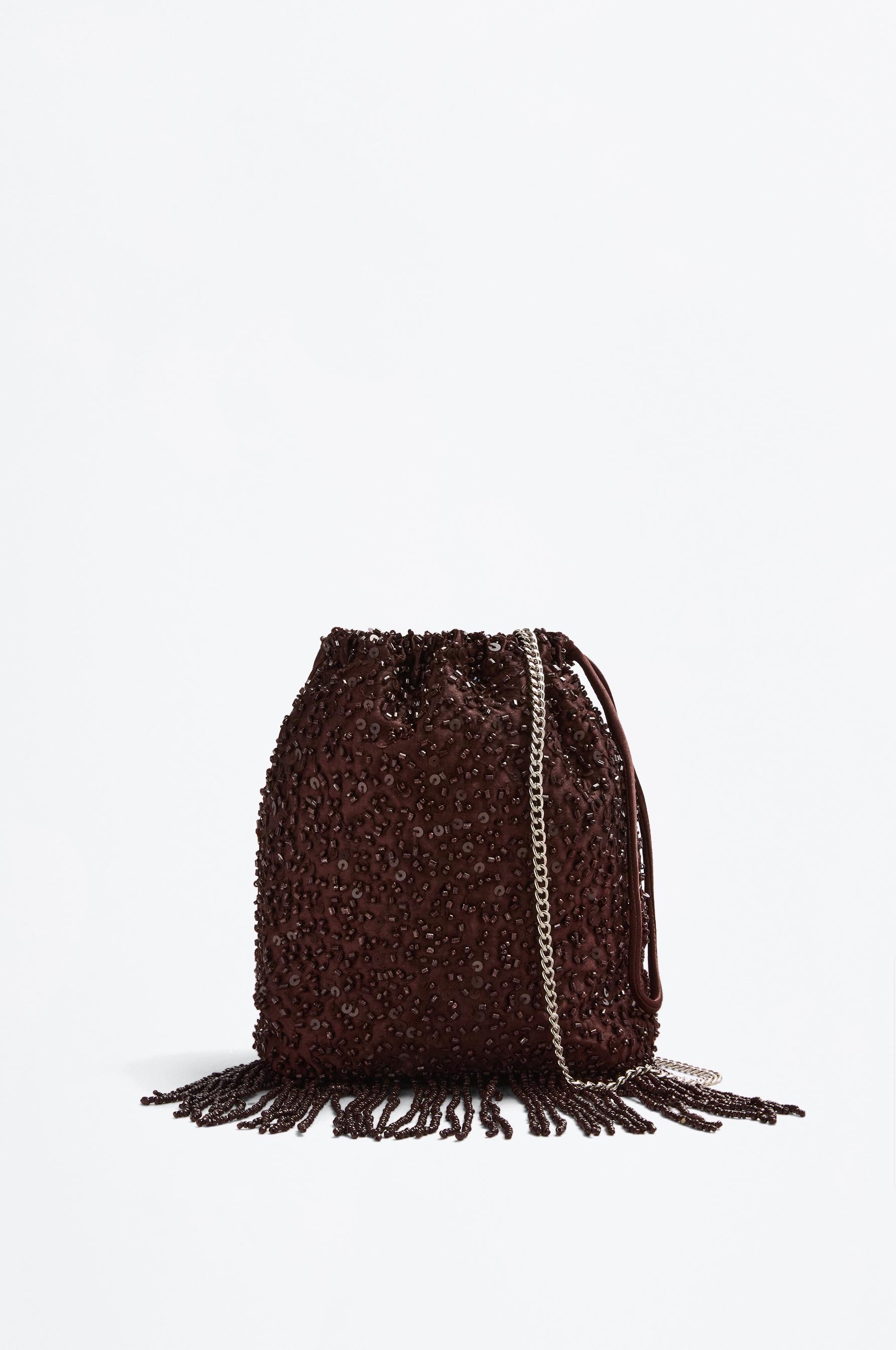 Beaded crossbody bucket bag — BROWN
