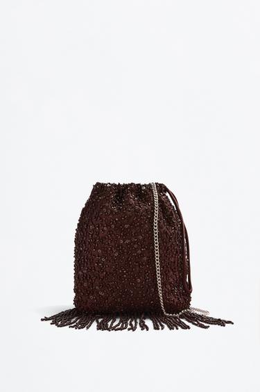 Beaded crossbody bucket bag — BROWN 1
