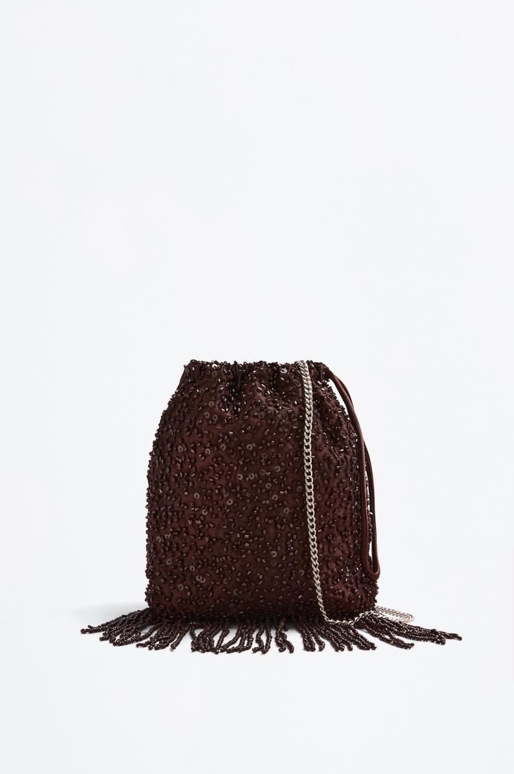 Beaded crossbody bucket bag — BROWN