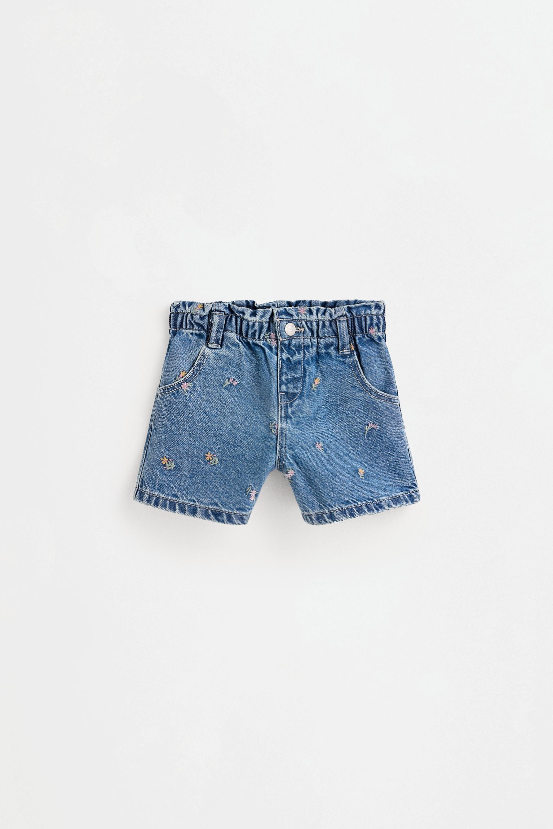 Embroidered paperbag denim shorts — NAVY