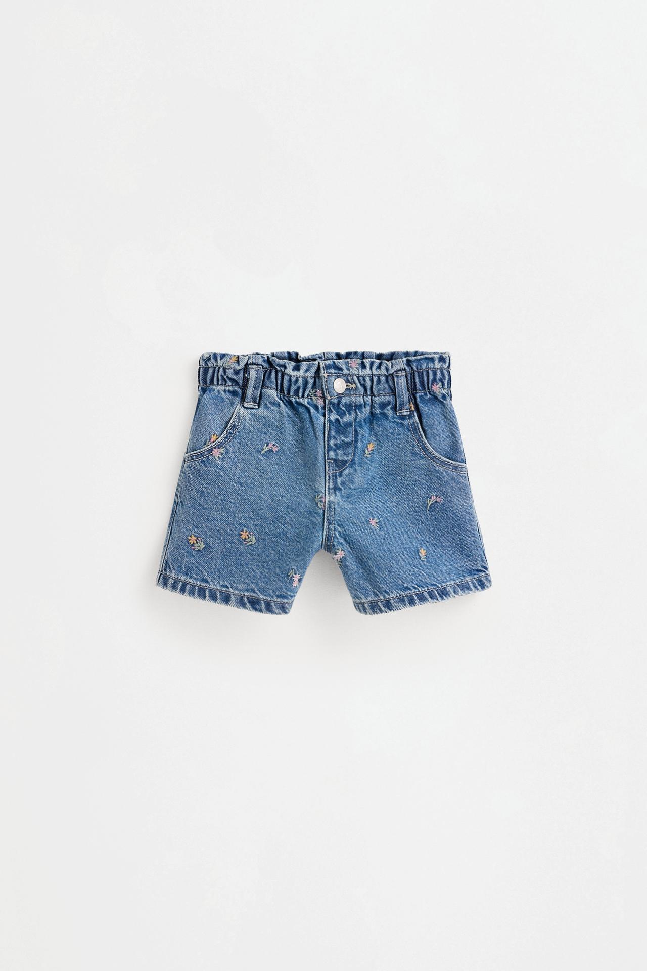 Embroidered paperbag denim shorts — NAVY